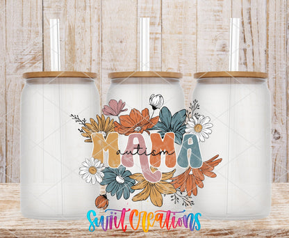 Autism Mama UV DTF transfer on frosted glass cans with bamboo lids