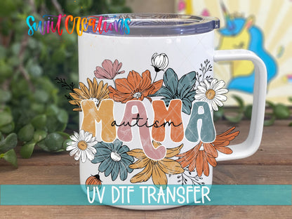 Autism Mama UV DTF transfer on a white stainless steel mug with a lid
