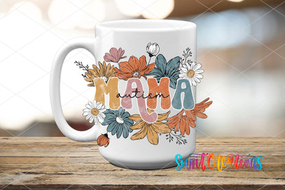 Autism Mama UV DTF transfer on a white ceramic coffee mug