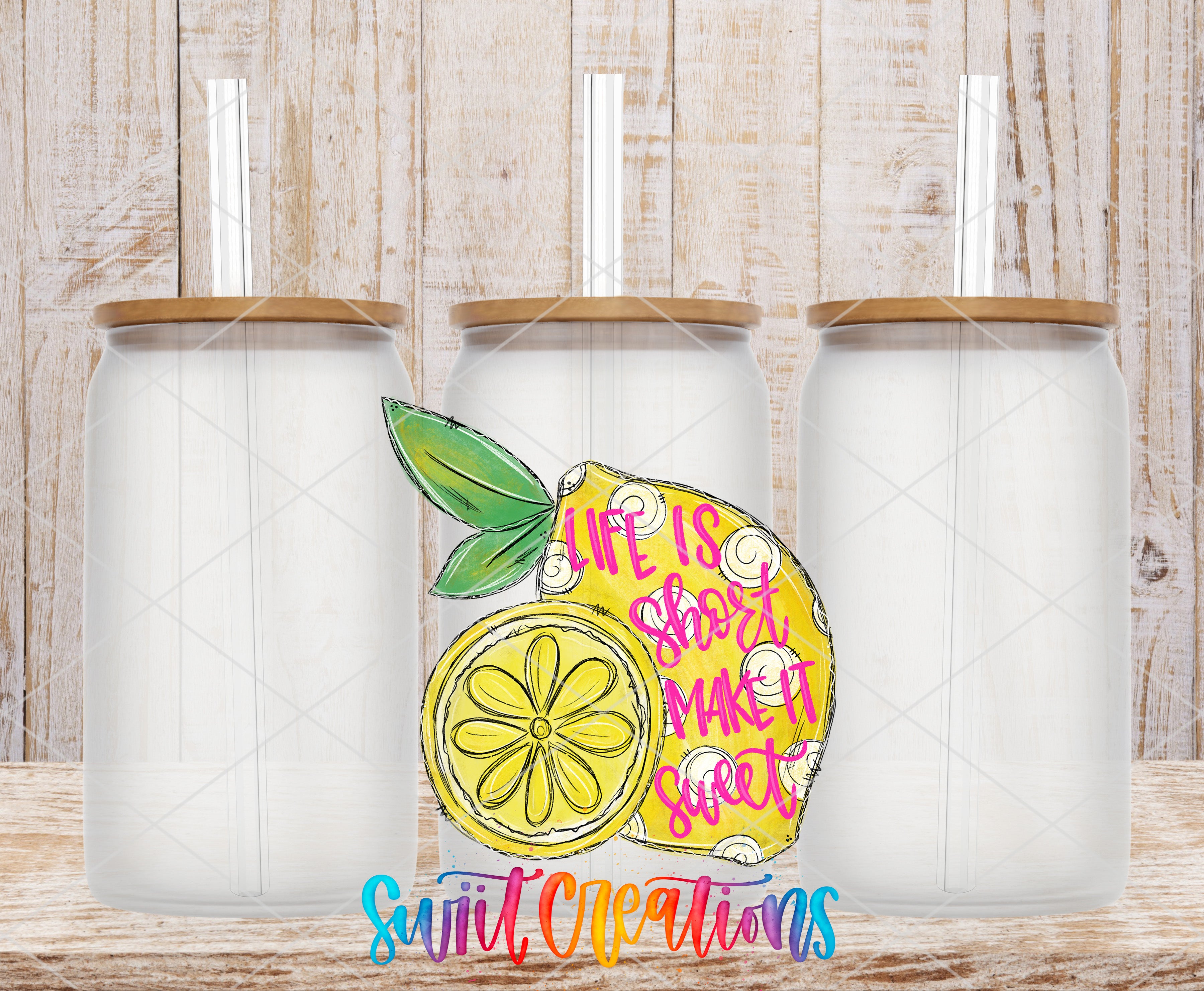 three clear glass jars with wooden lids, arranged in a row against a wooden background. In the center of the image, there is a colorful illustration of a lemon with a text that reads "Life is short, make it sweet".