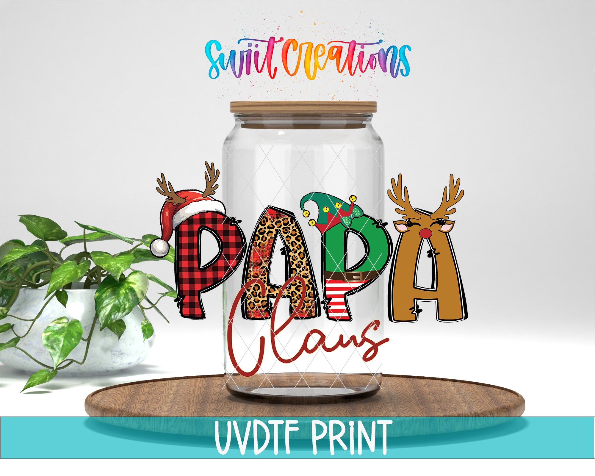 A glass jar with the word "PAPA" written on it, surrounded by various holiday-themed decorations such as reindeer, snowmen, and Christmas trees. The jar is placed on a wooden surface, and there is a potted plant in the background.