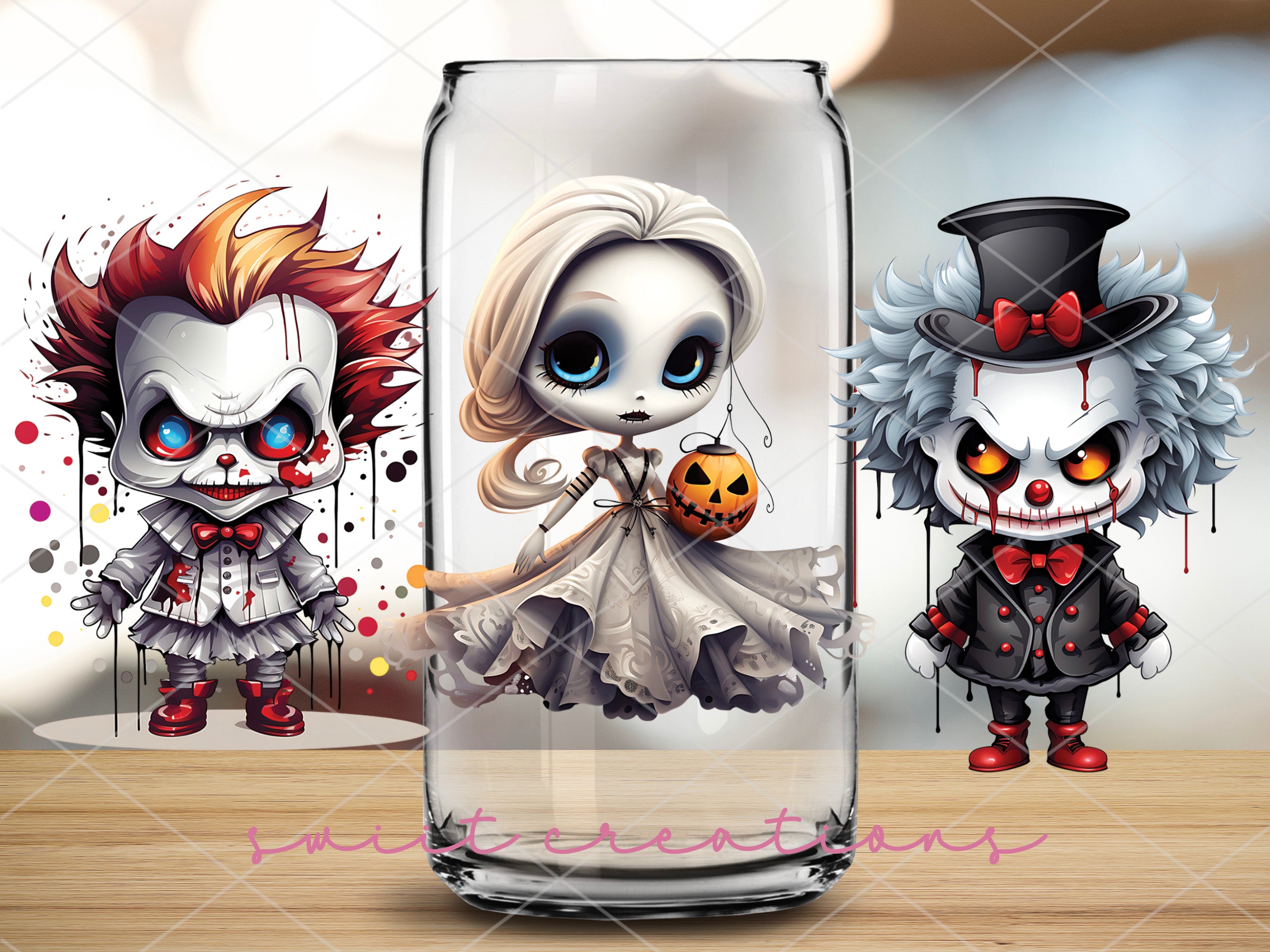 a couple of dolls are in a glass jar
