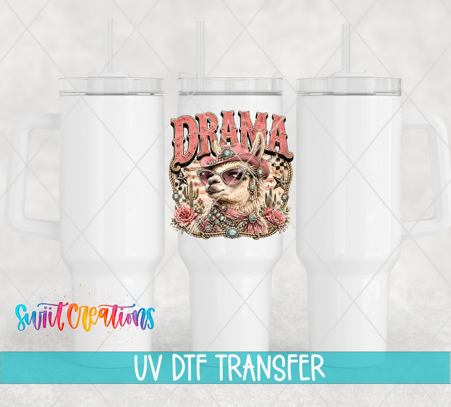 three white tumblers with a colorful graphic design on them, including a llama and the word "Drama".