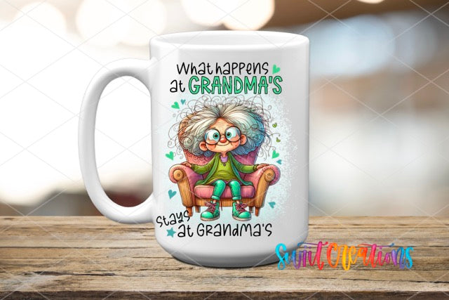 a white coffee mug with an image of a grandma sitting on a chair