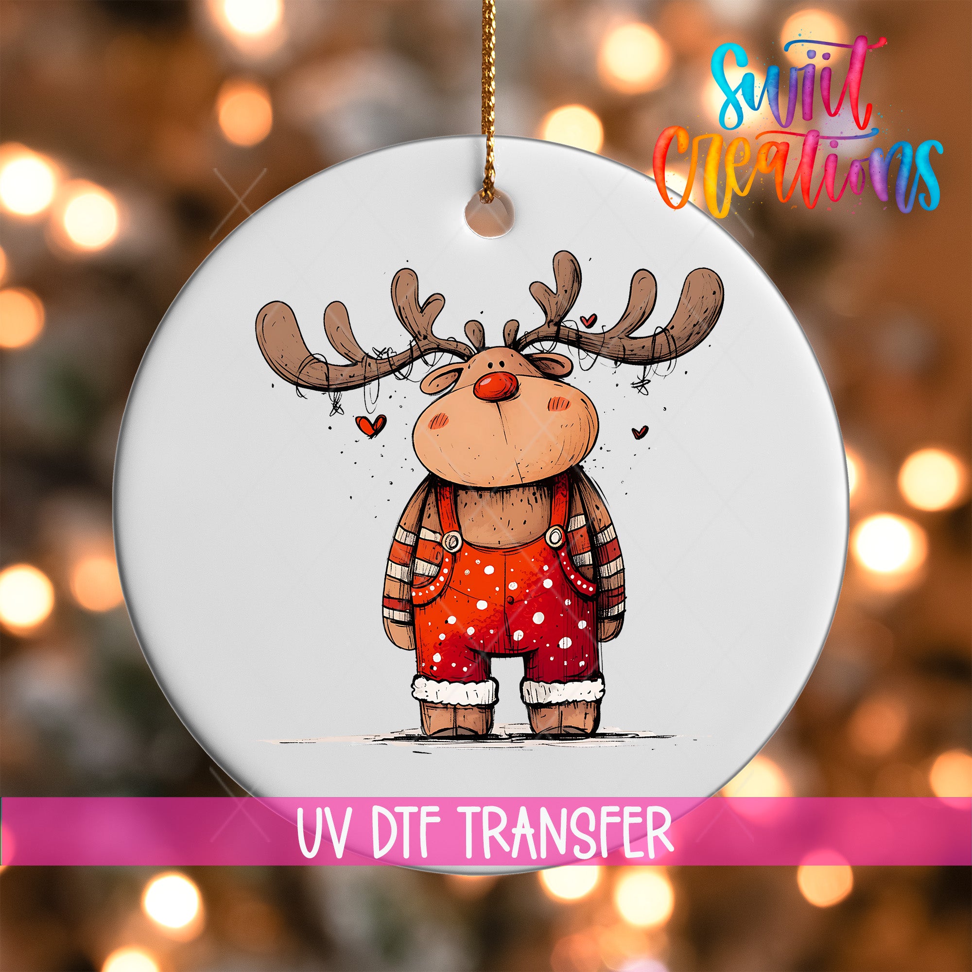 A white ornament with a cartoon image of a reindeer wearing red overalls and antlers.