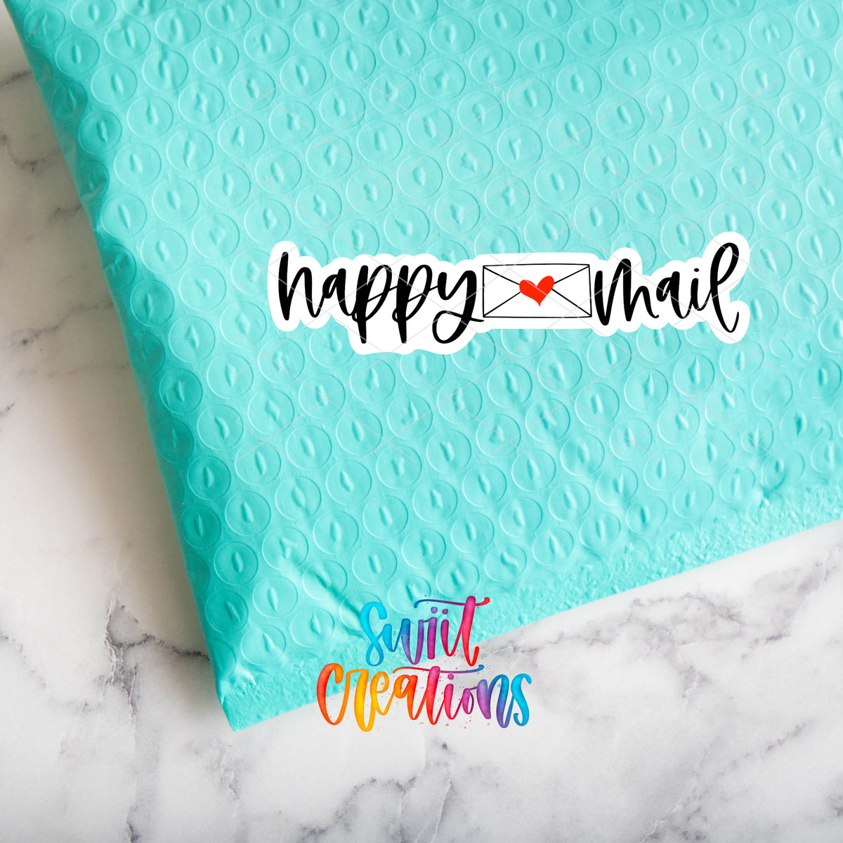a blue envelope with a happy mail sticker on it