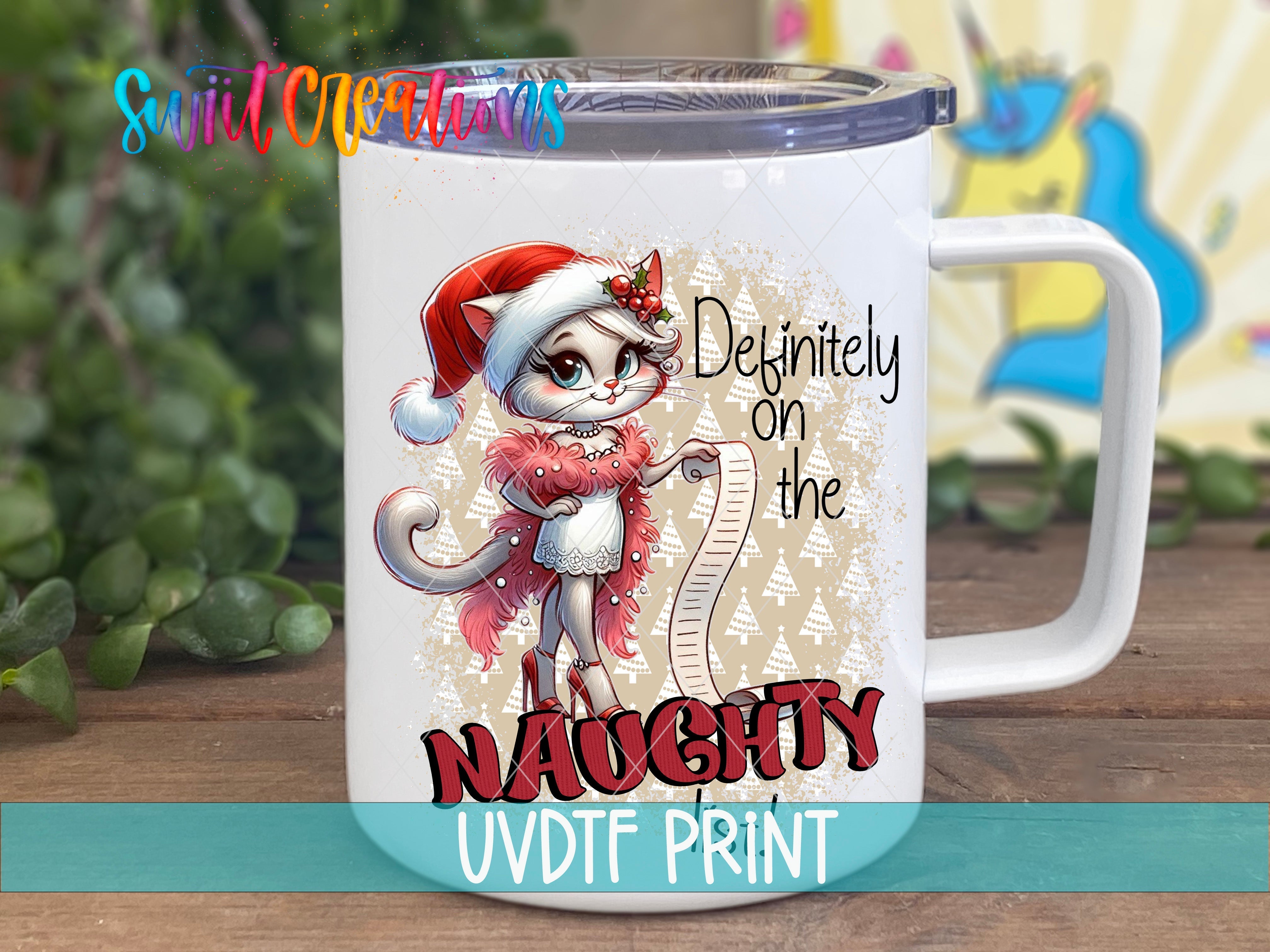 a white coffee mug with an image of a cat wearing a santa hat