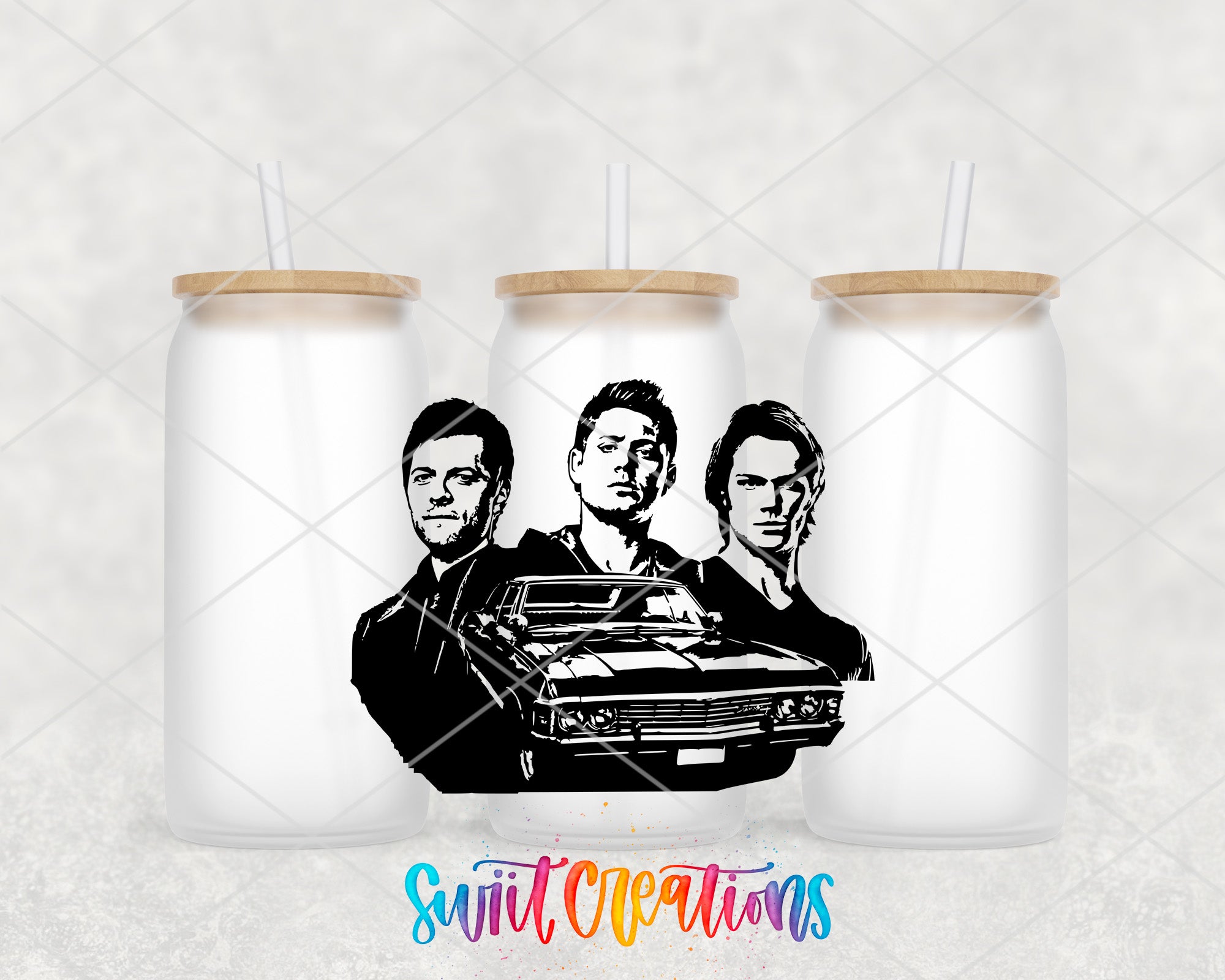three mugs with a picture of three men holding a car