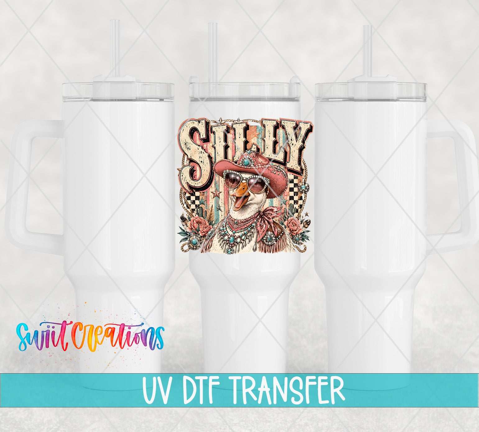 three white tumblers with a colorful graphic design on the center one, which includes a bird wearing a hat and sunglasses. The text "Sully" is visible on the graphic design.