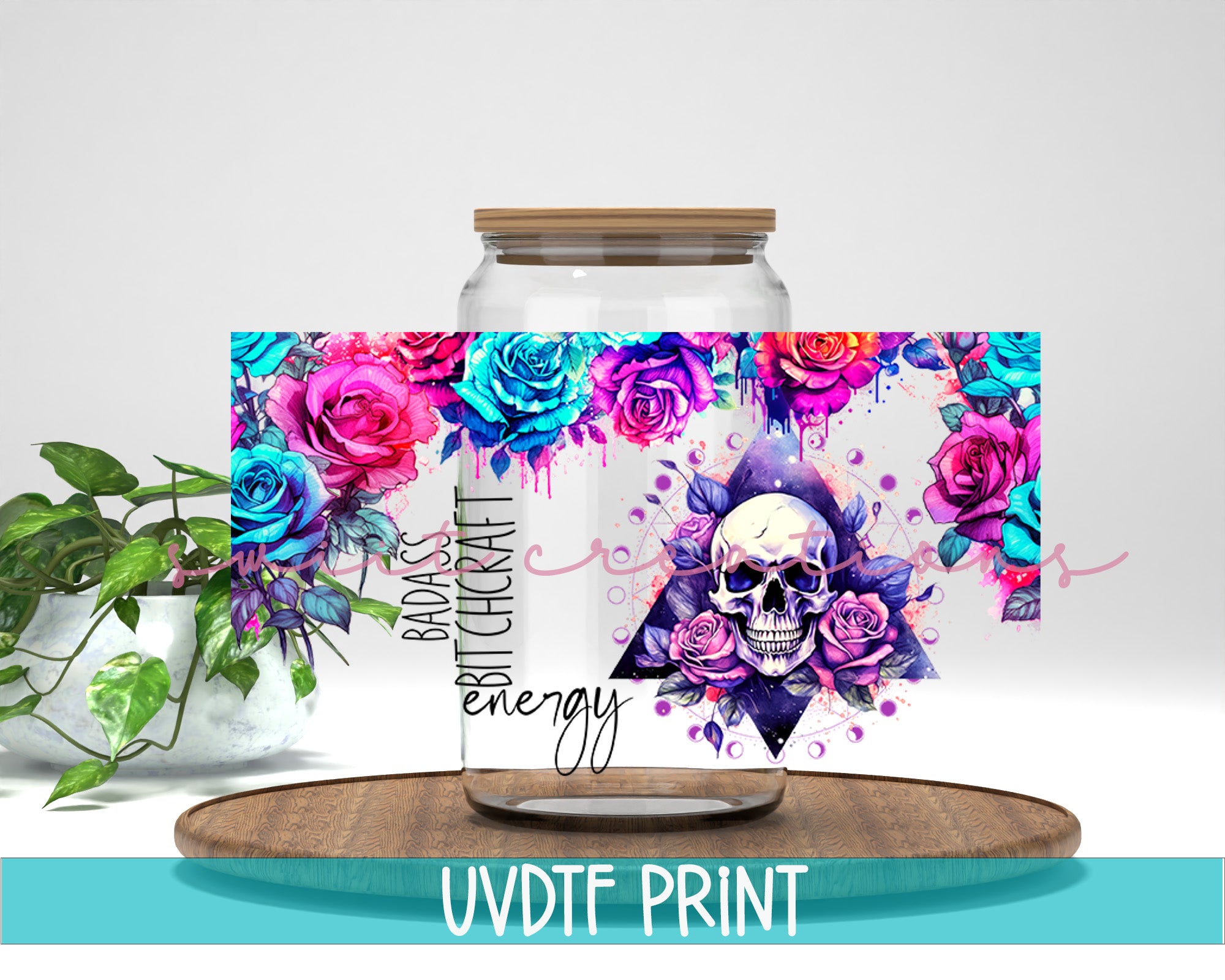 a jar of water with a skull and roses on it