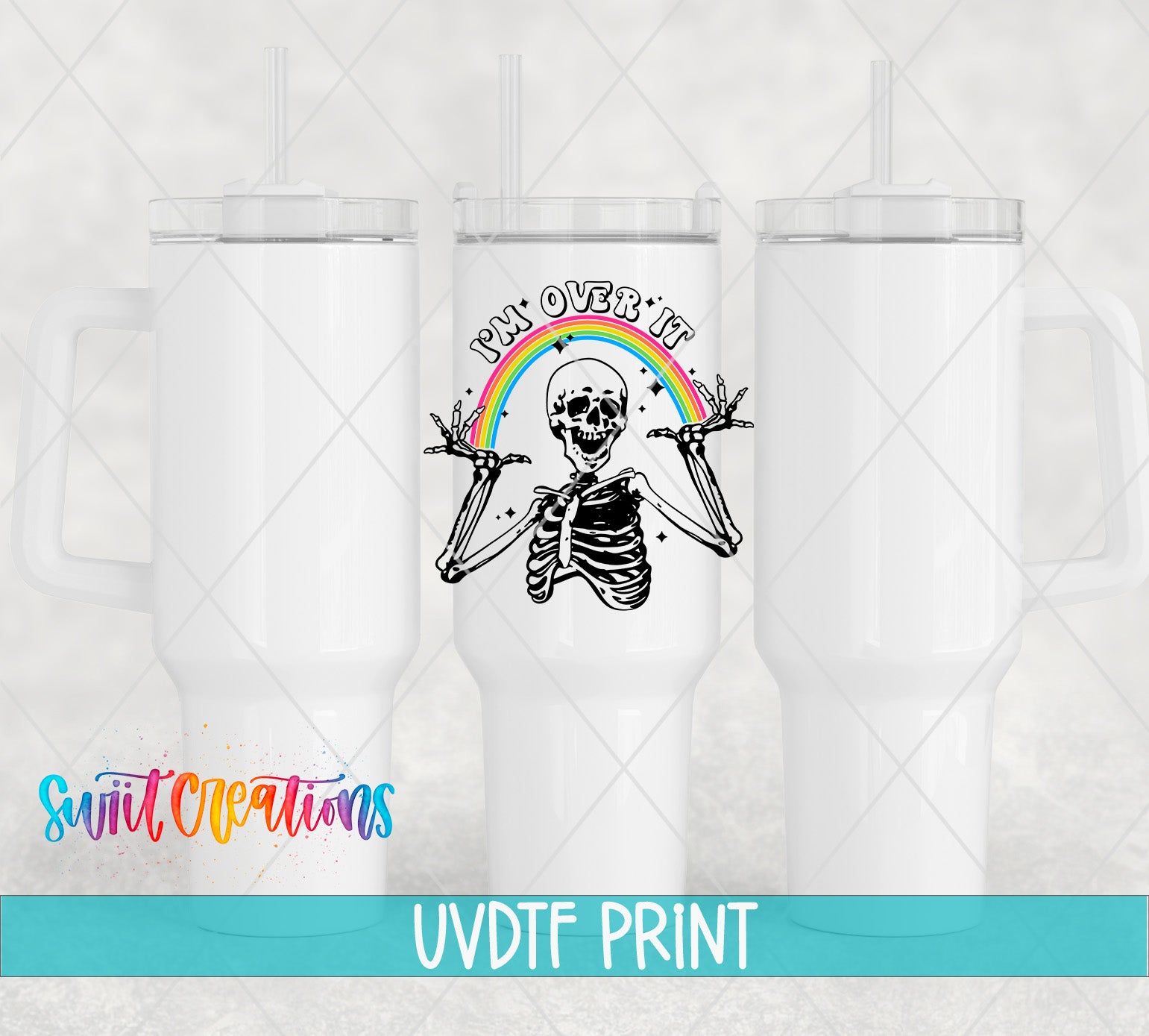 a skeleton with a rainbow above it, and the text "I'm over it" written on the mug.