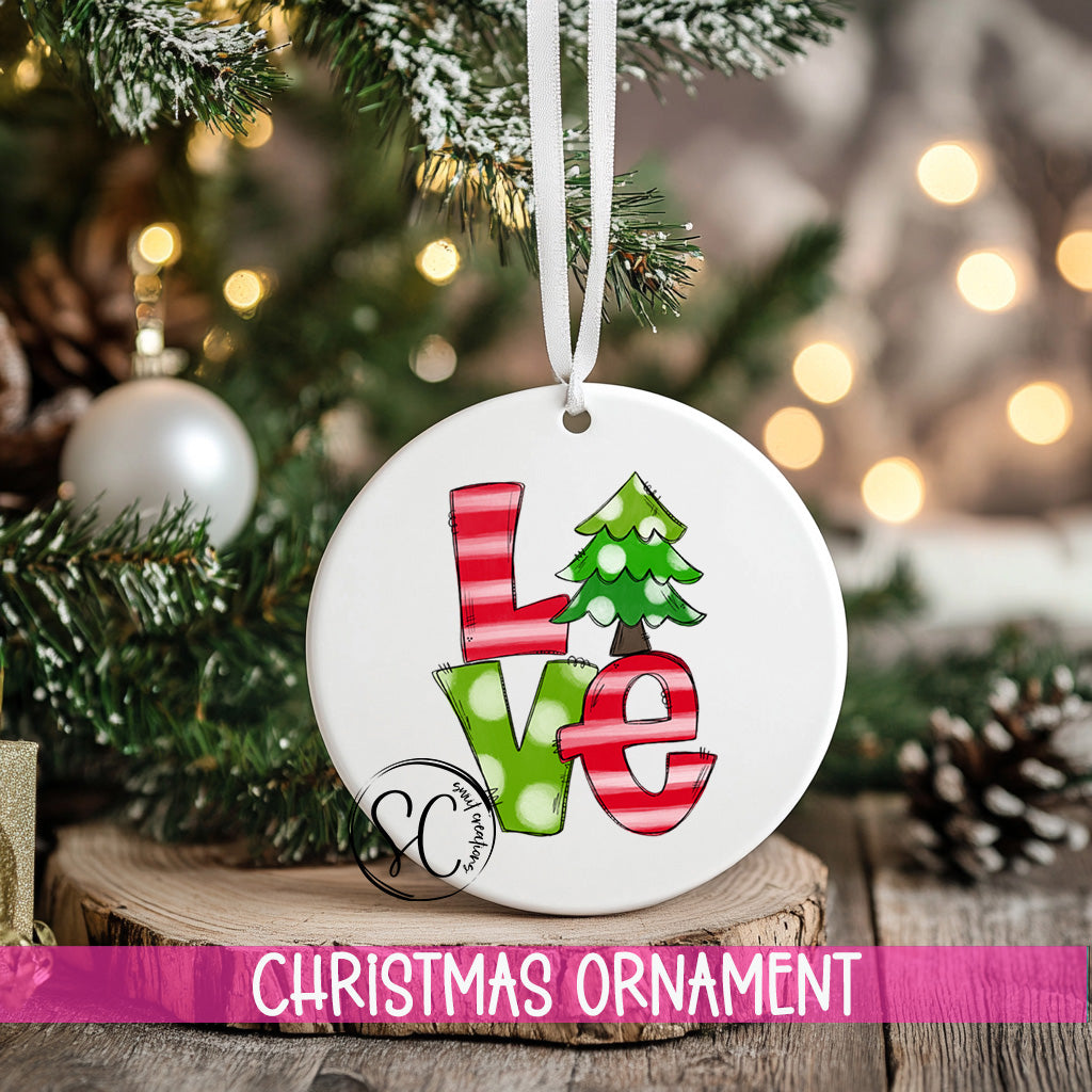 a christmas ornament hanging from a christmas tree