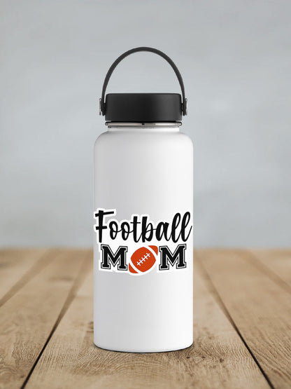 Football Mom sticker on a white insulated water bottle