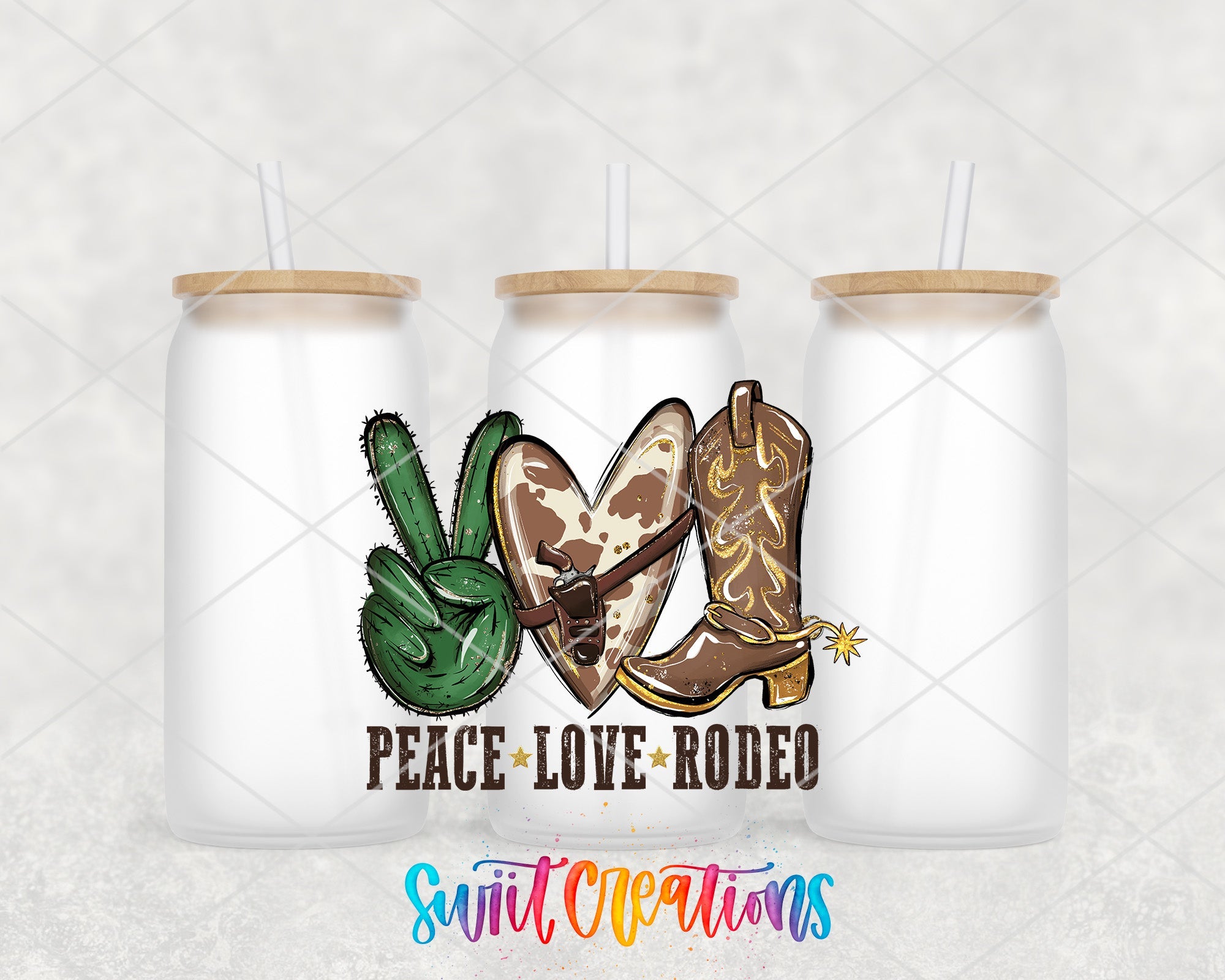 a couple of cups with a design of a pair of cowboy boots and a cactus