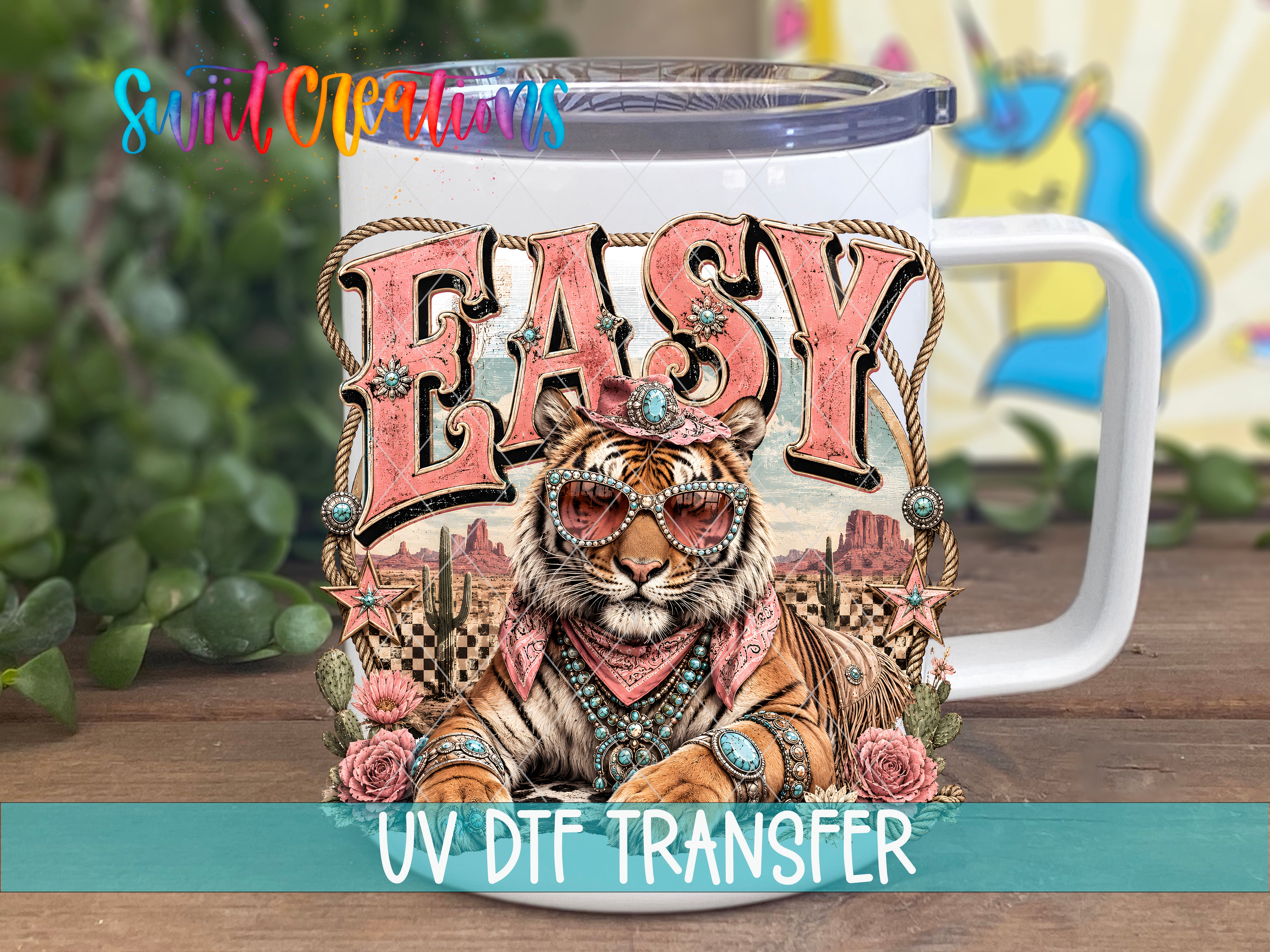 A mug with a tiger wearing sunglasses and a bandana, surrounded by flowers and a cityscape, with the text "EASY UV Dtf Transfer" below it.