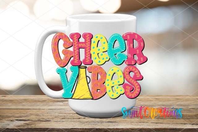 a coffee mug with the words cheer vibes on it