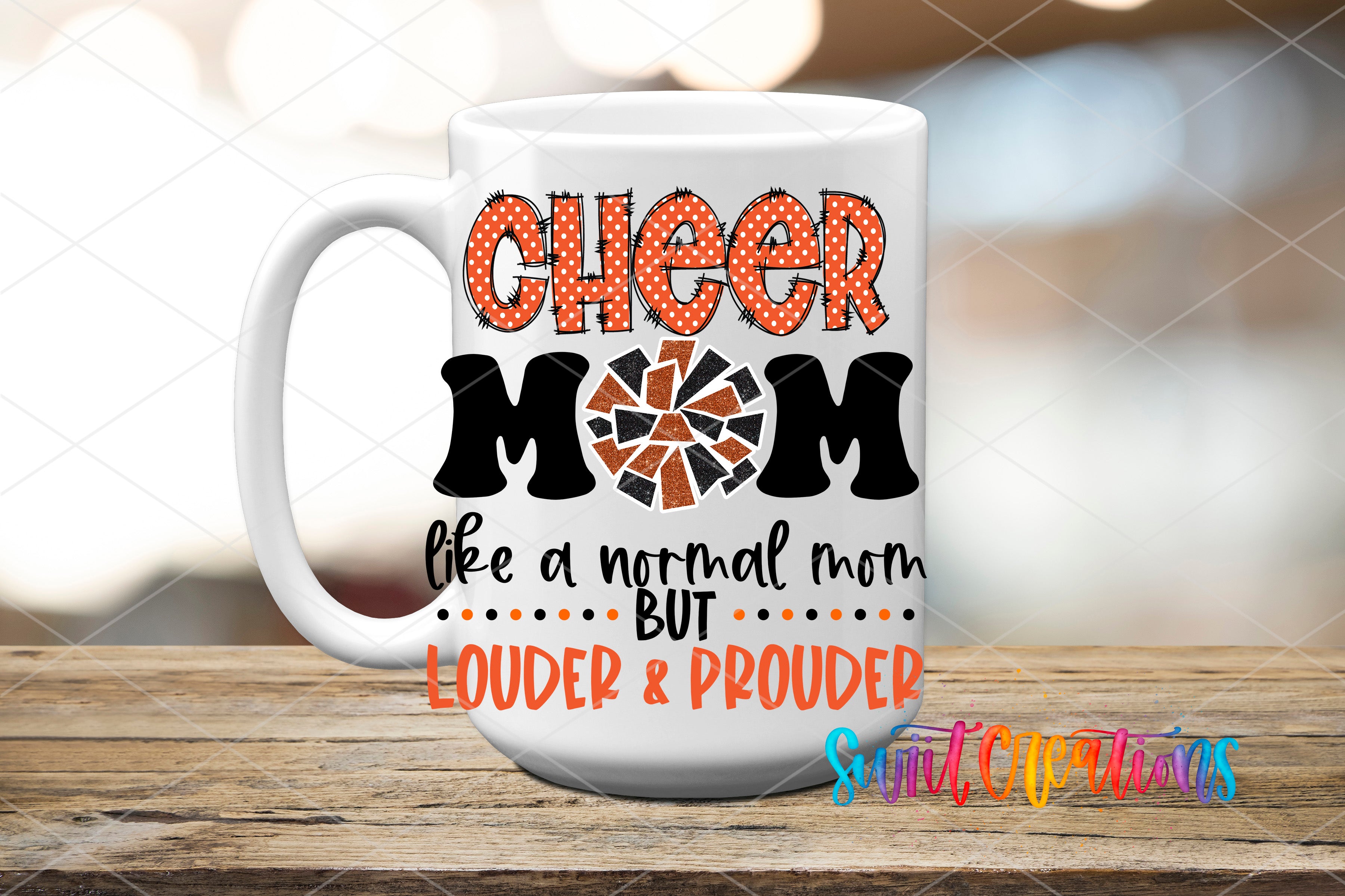 A white mug with text and graphics printed on it, placed on a wooden surface.