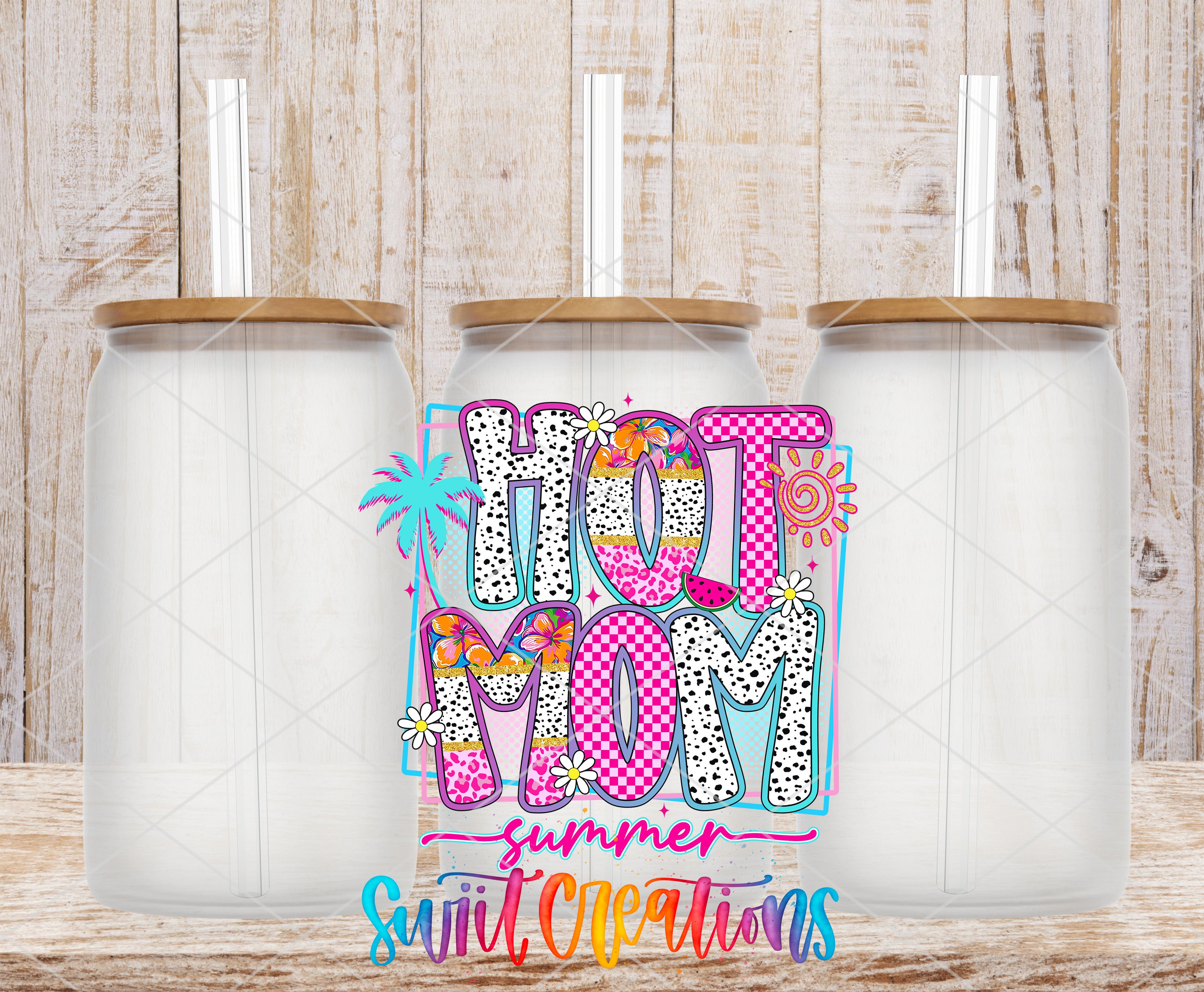 three clear glass jars with lids, arranged in a row against a wooden background. The jars have colorful lids and straws. In the center of the image, there is a colorful graphic design that says "HOT MOM summer" with a pattern of pink, blue, and white colors.