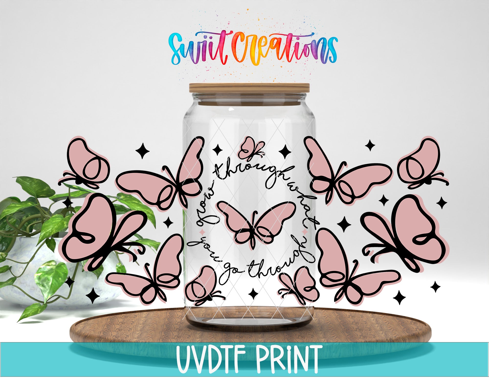 a glass jar with a lid, surrounded by pink butterflies and stars, with the text "Swift Creations" written above it.