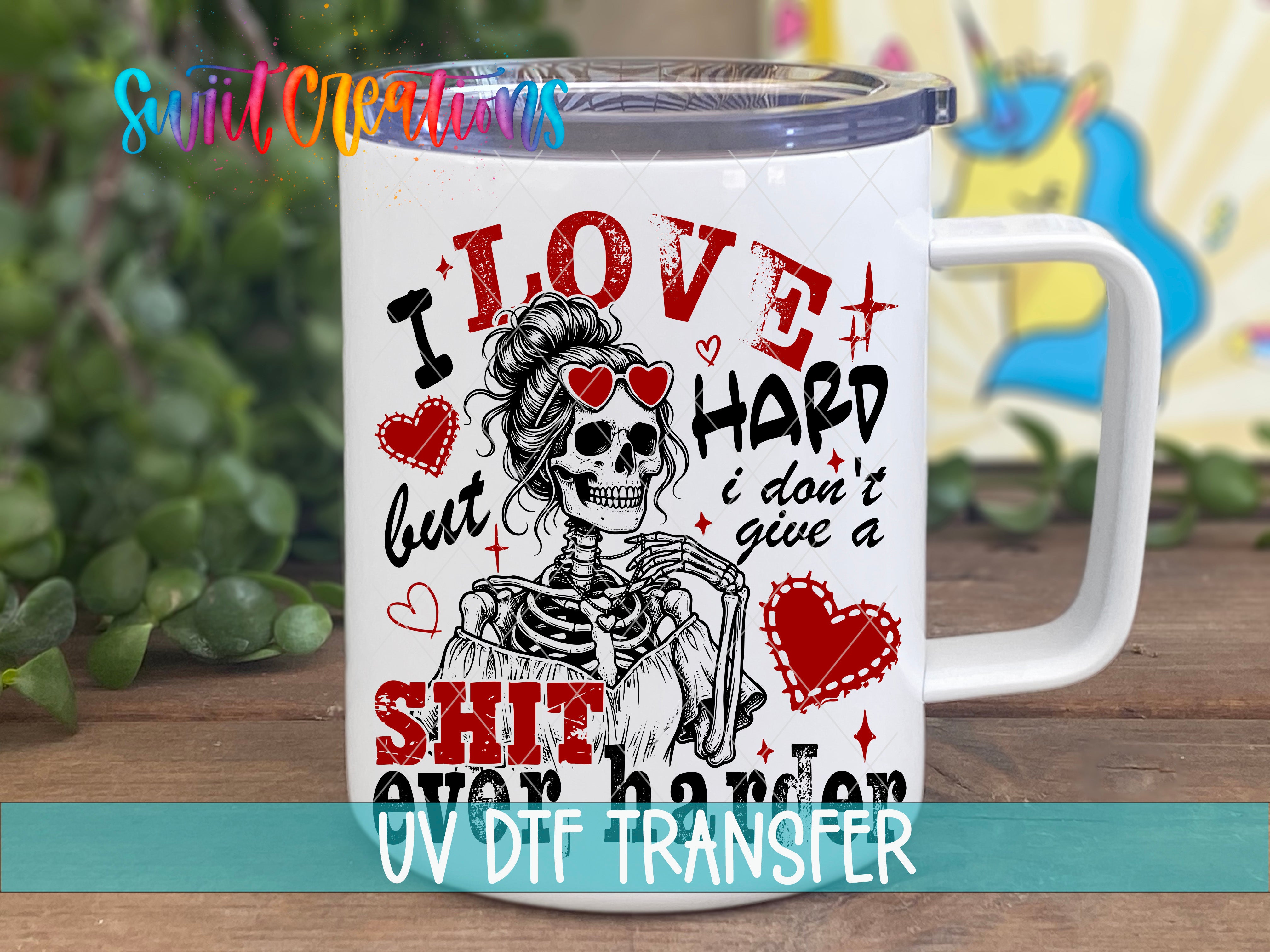 A white mug with a skeleton design and text printed on it.