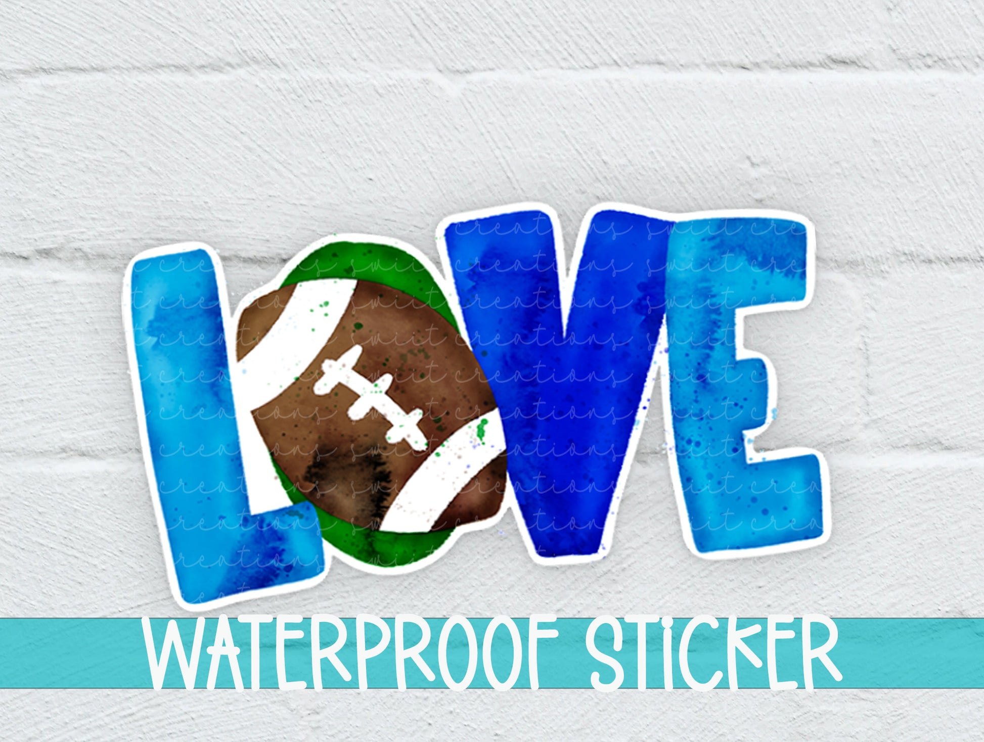 a watercolor sticker of a football on a white brick wall