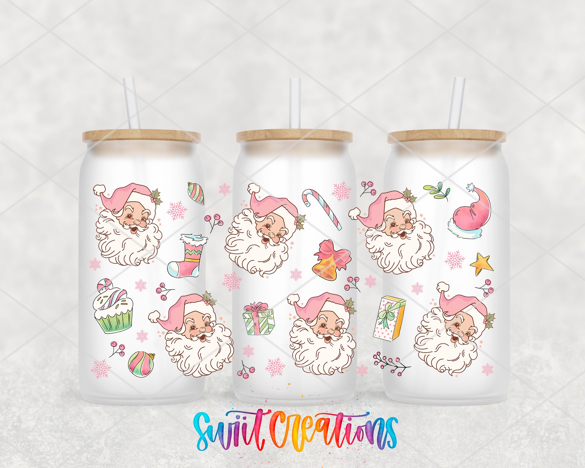 three christmas santa claus tumblers with straw tops