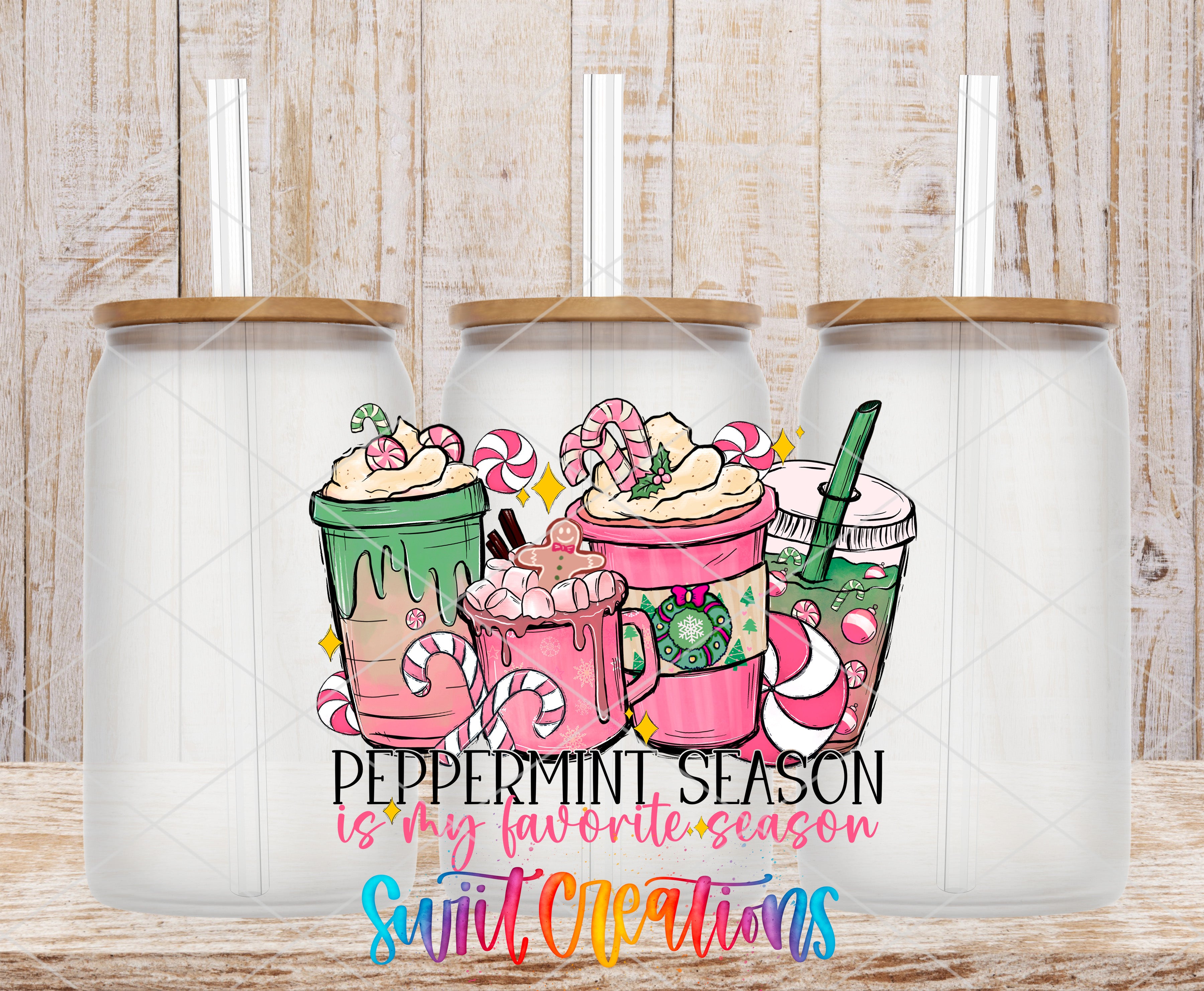 Three colorful mugs with peppermint-flavored drinks and candy decorations, accompanied by the text "Peppermint Season is my favorite season" and the logo "Sweet Creations".