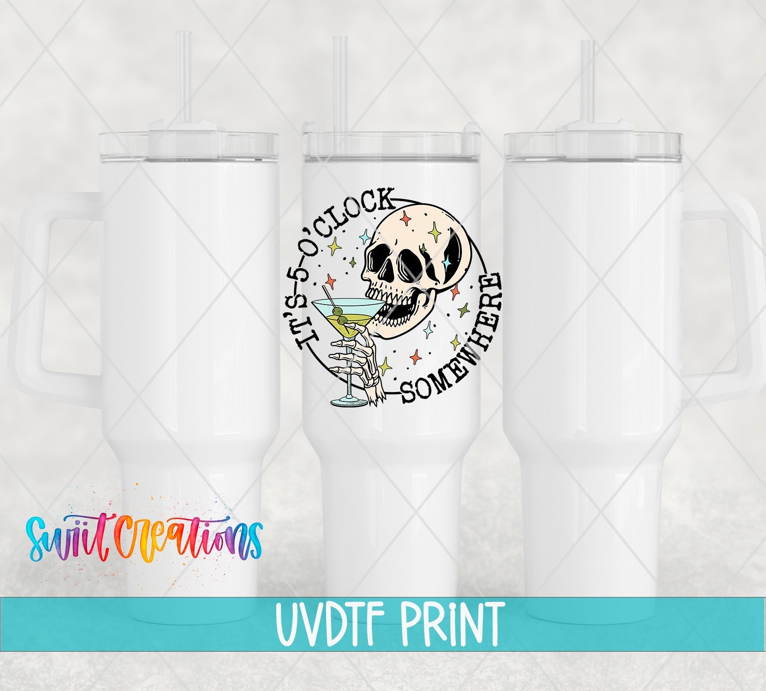 a set of three white tumblers with a skull on it