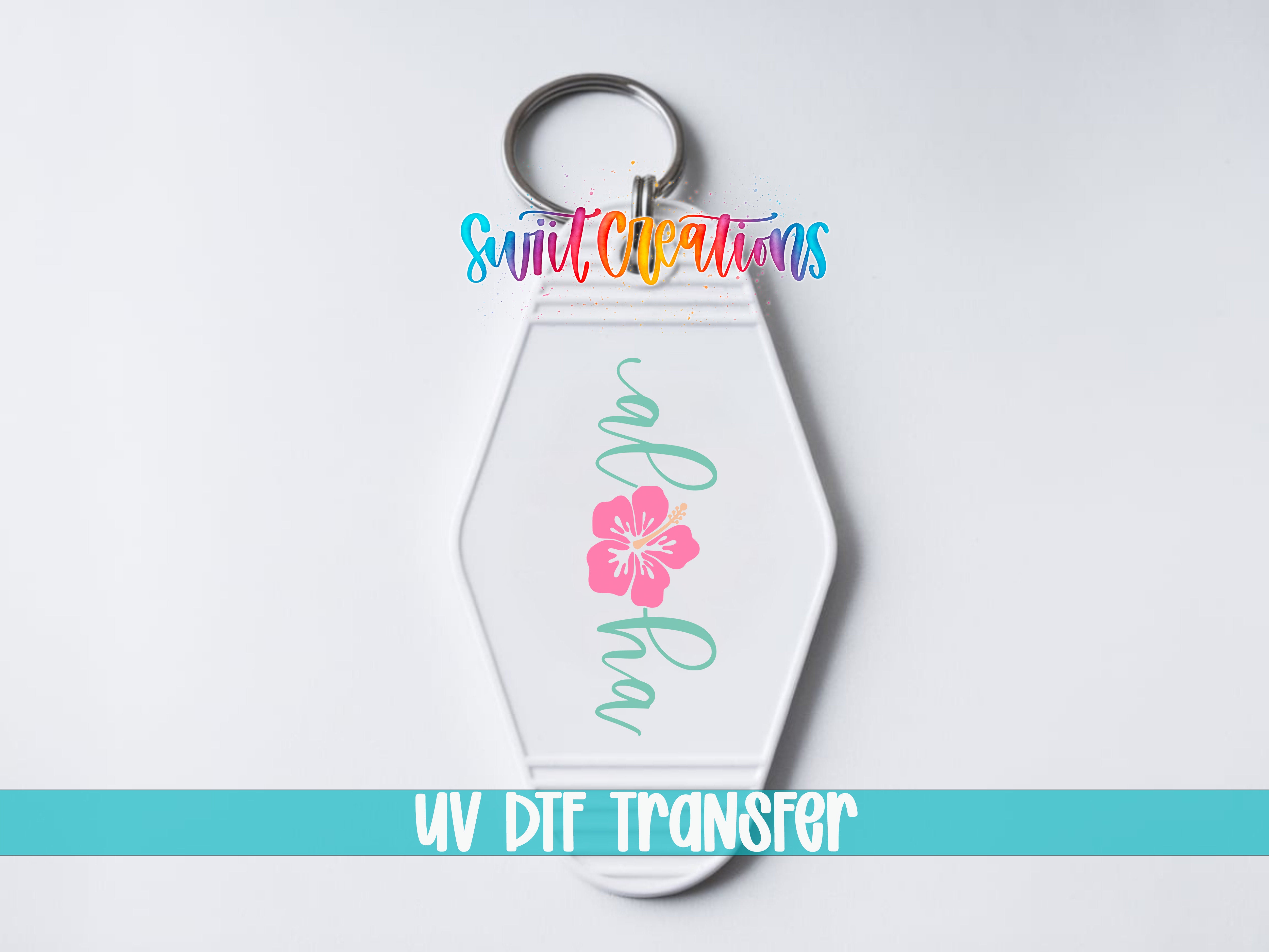 A keychain with a floral design and the text "UV DDF Transfer" printed on it.
