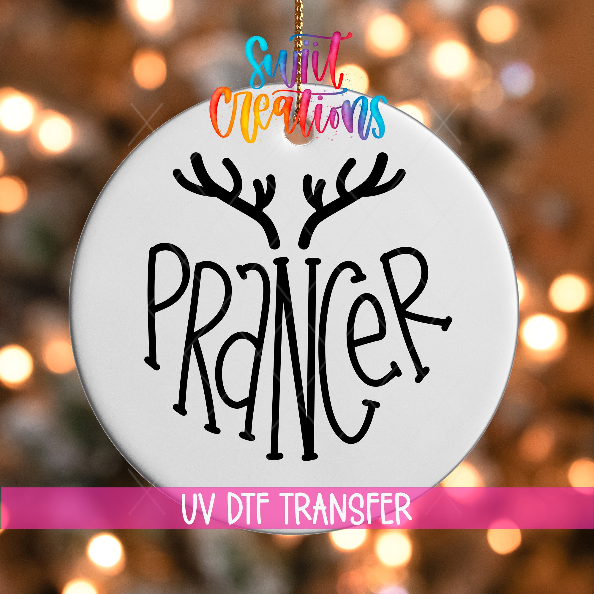 A white ornament with the word "PRANNER" written on it, hanging against a background of colorful lights.