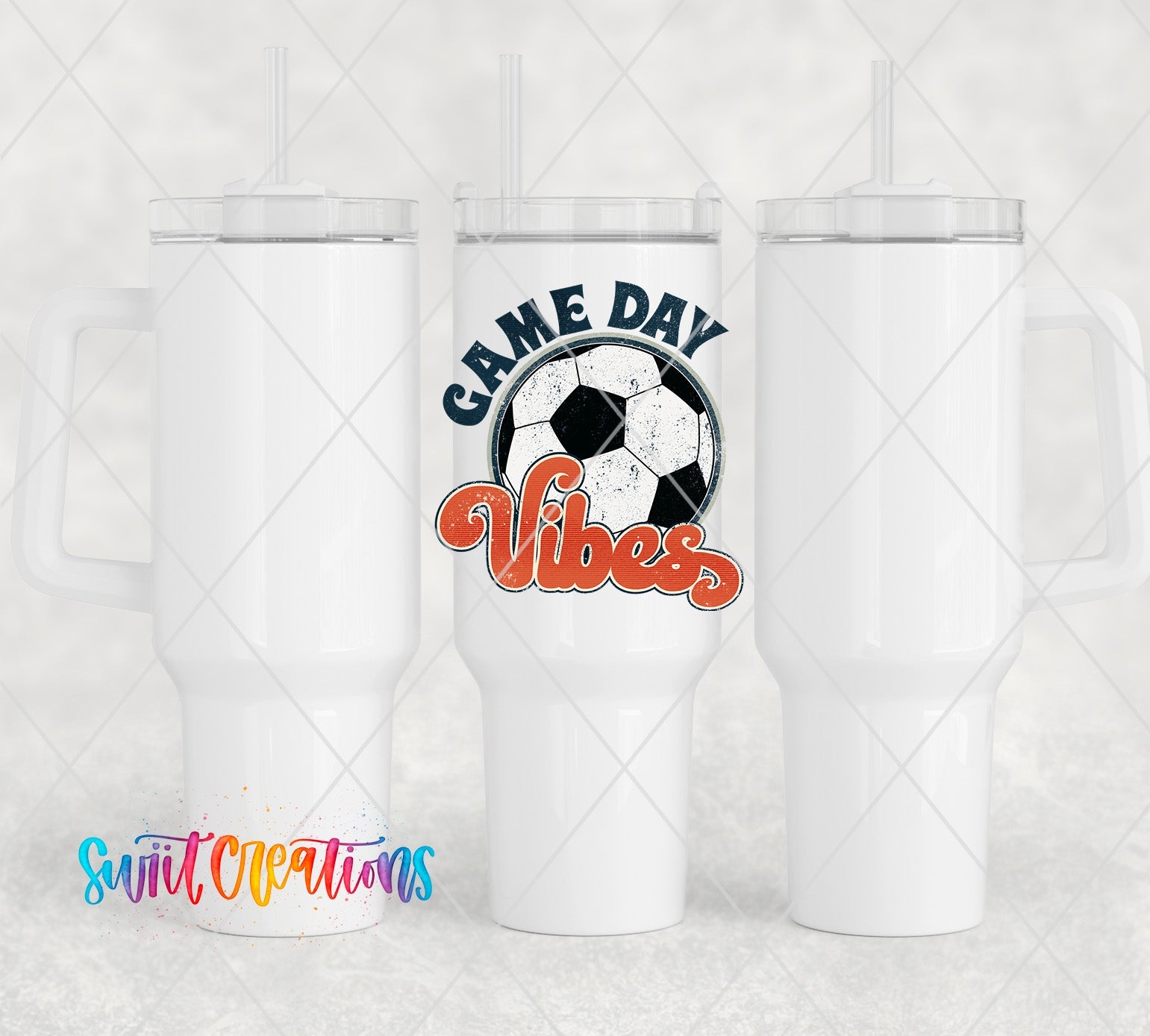 two white tumblers with a soccer ball on them