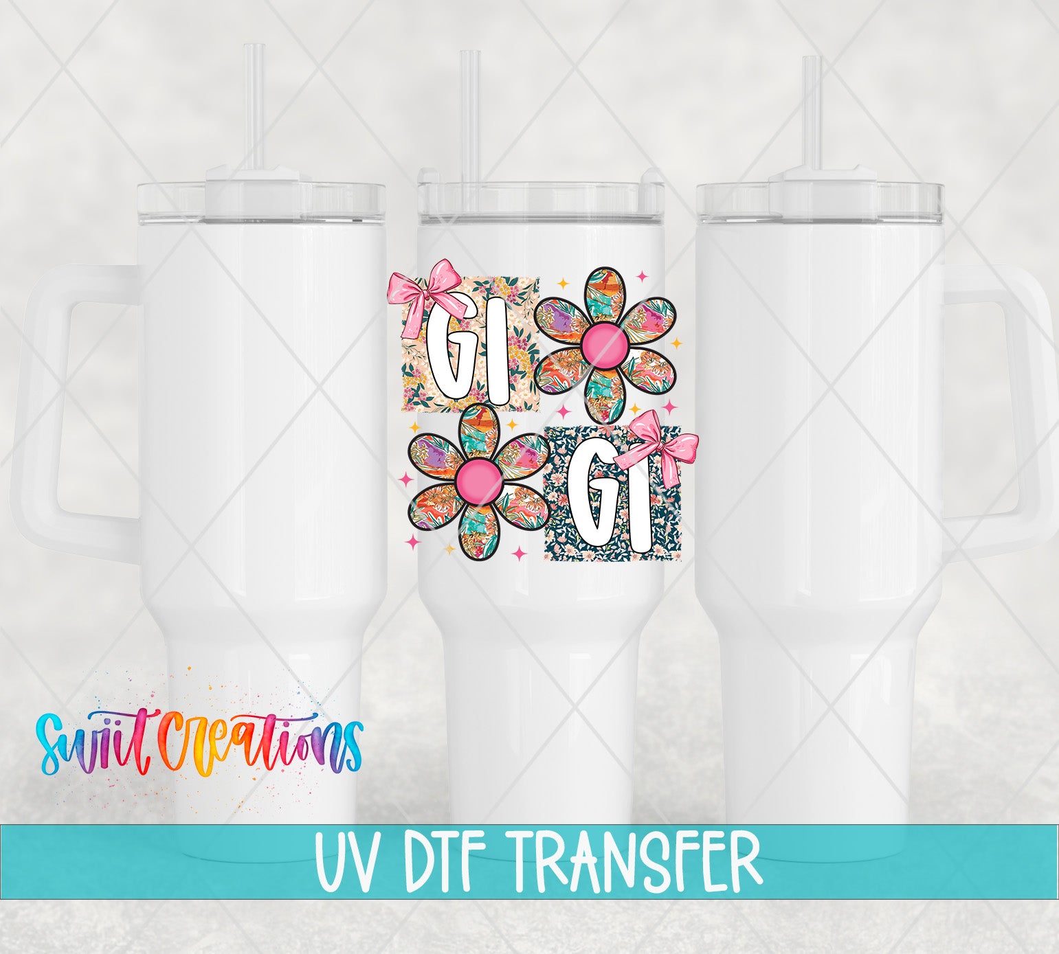 three white tumblers with flower designs and straws, along with text indicating a UV DFT (ultraviolet dye transfer) transfer.