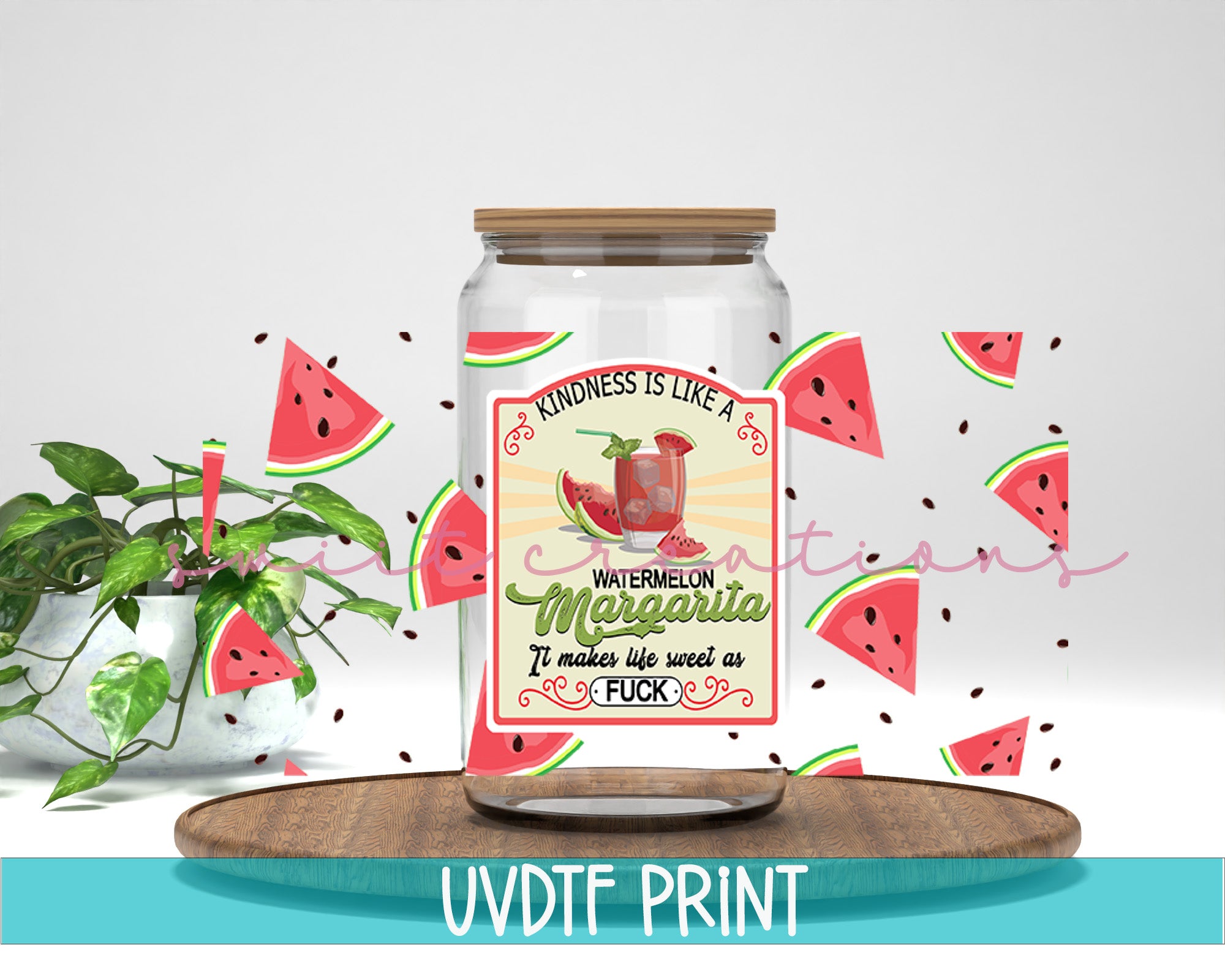 a jar of watermelon juice sitting on top of a table
