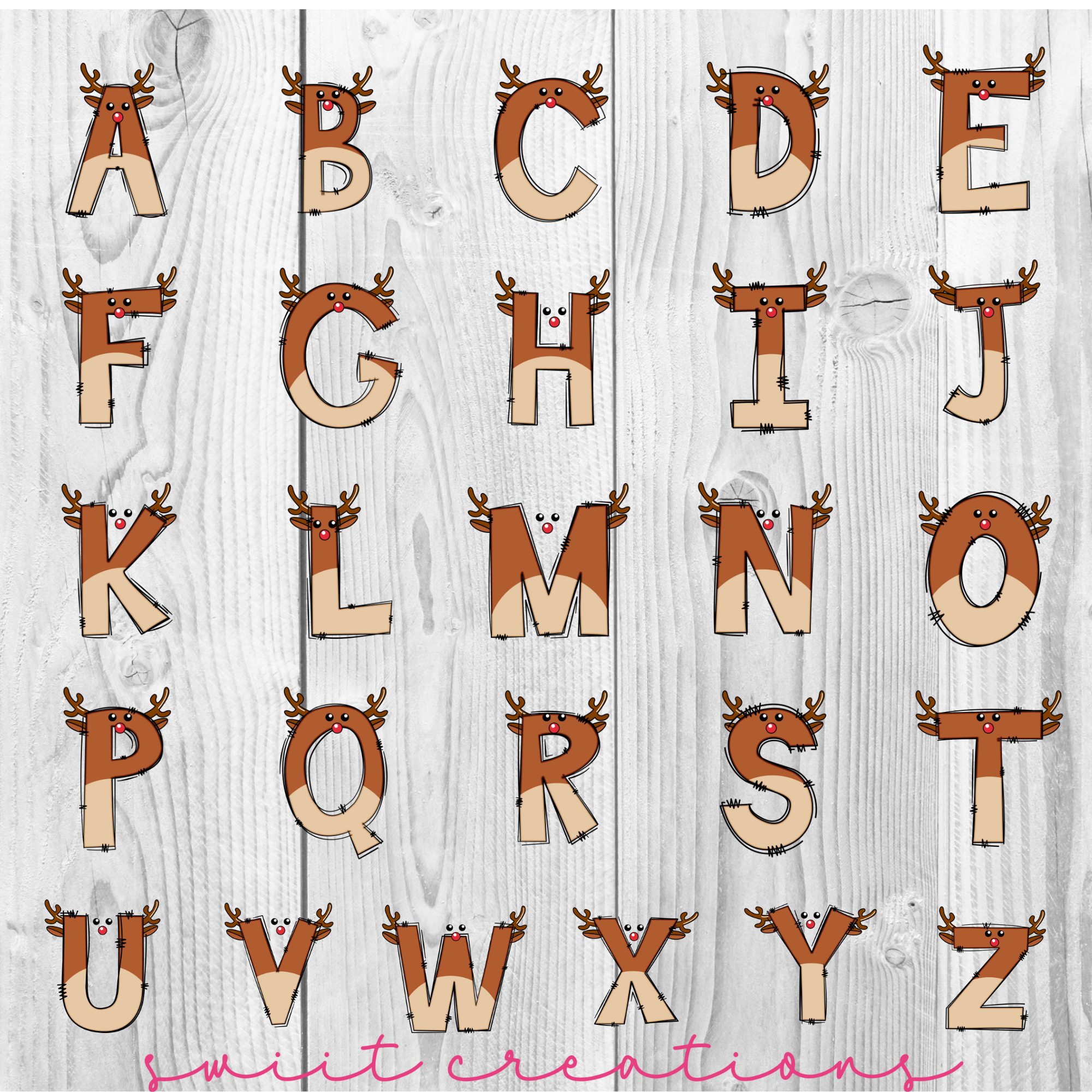 a wooden alphabet with reindeer antlers on it