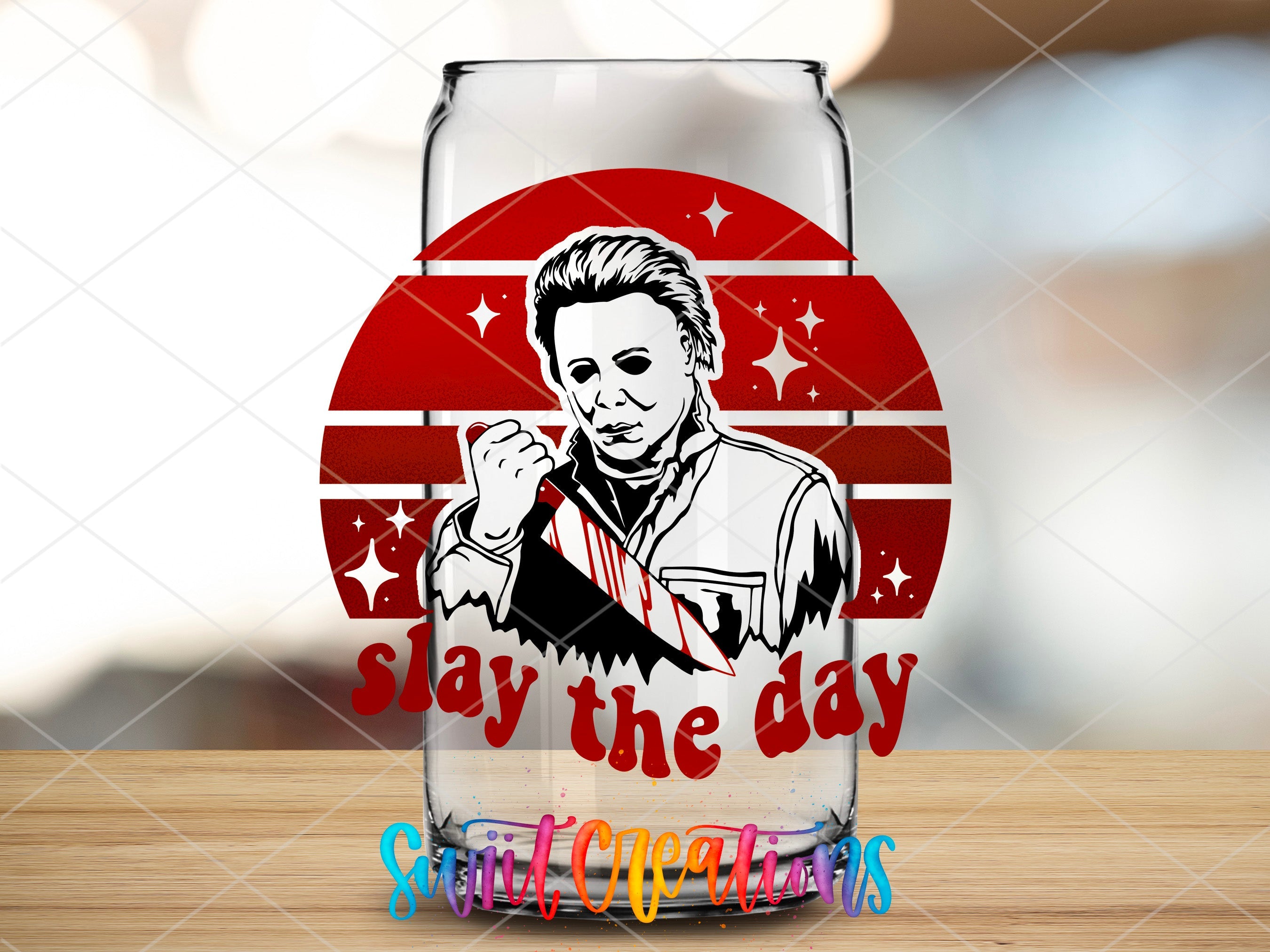 a glass with a picture of a man on it