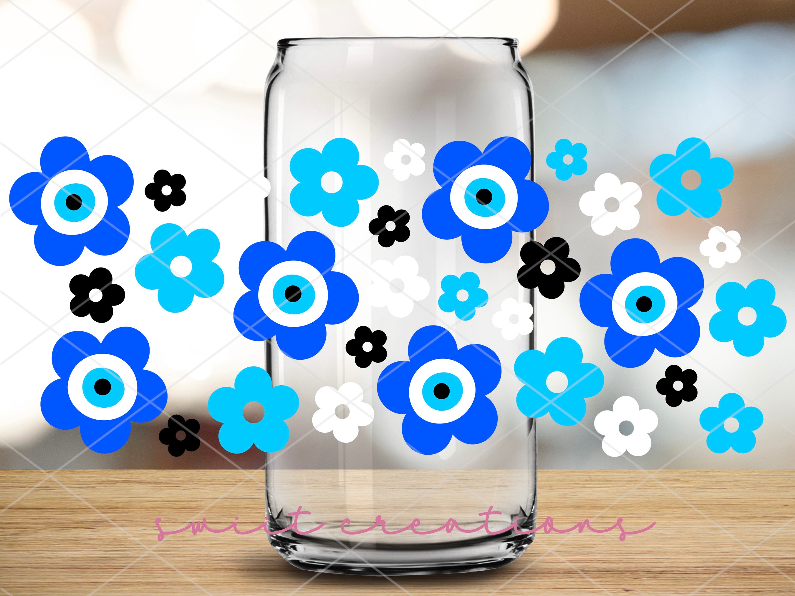 a vase filled with blue and white flowers