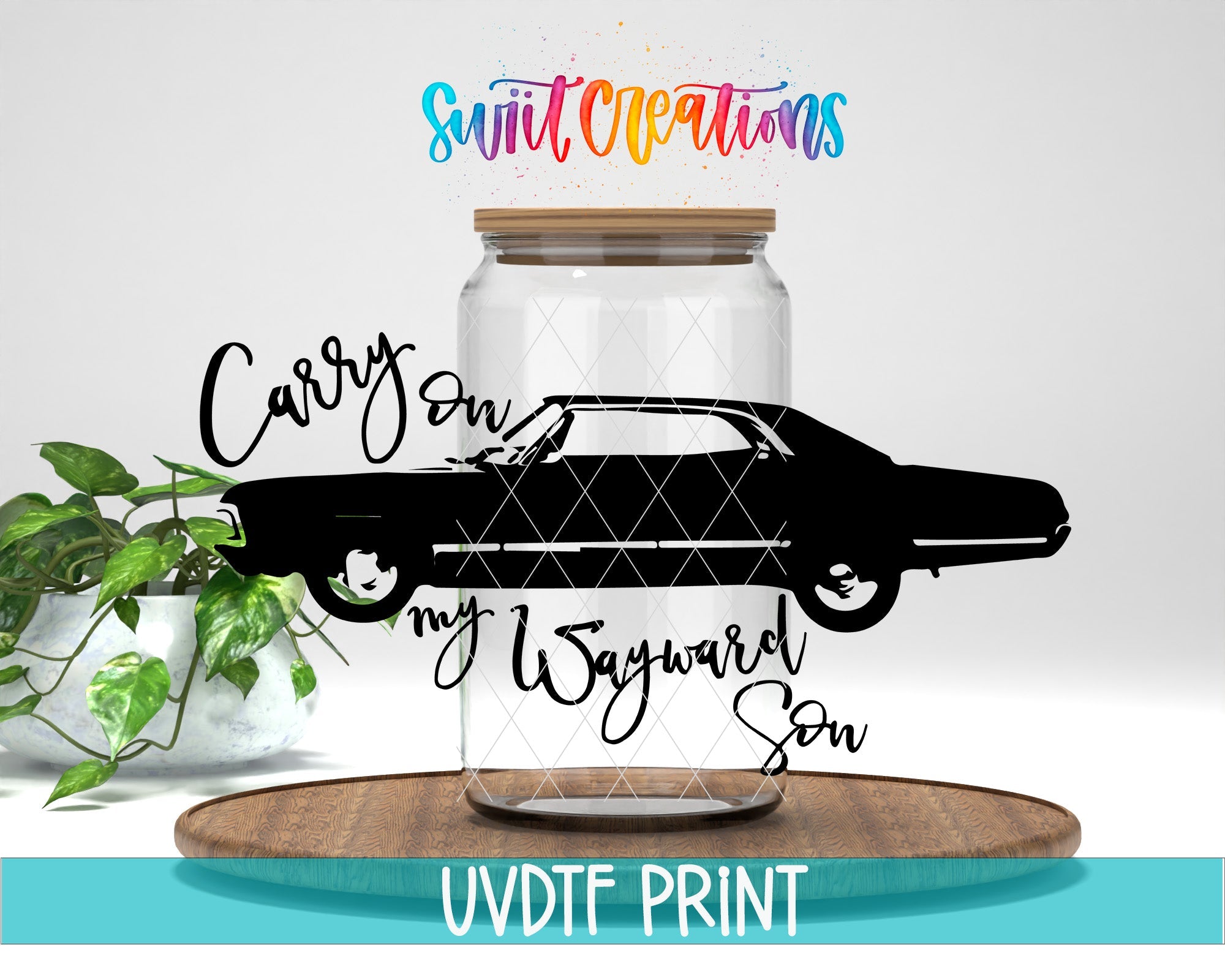 a glass jar with a black car in it