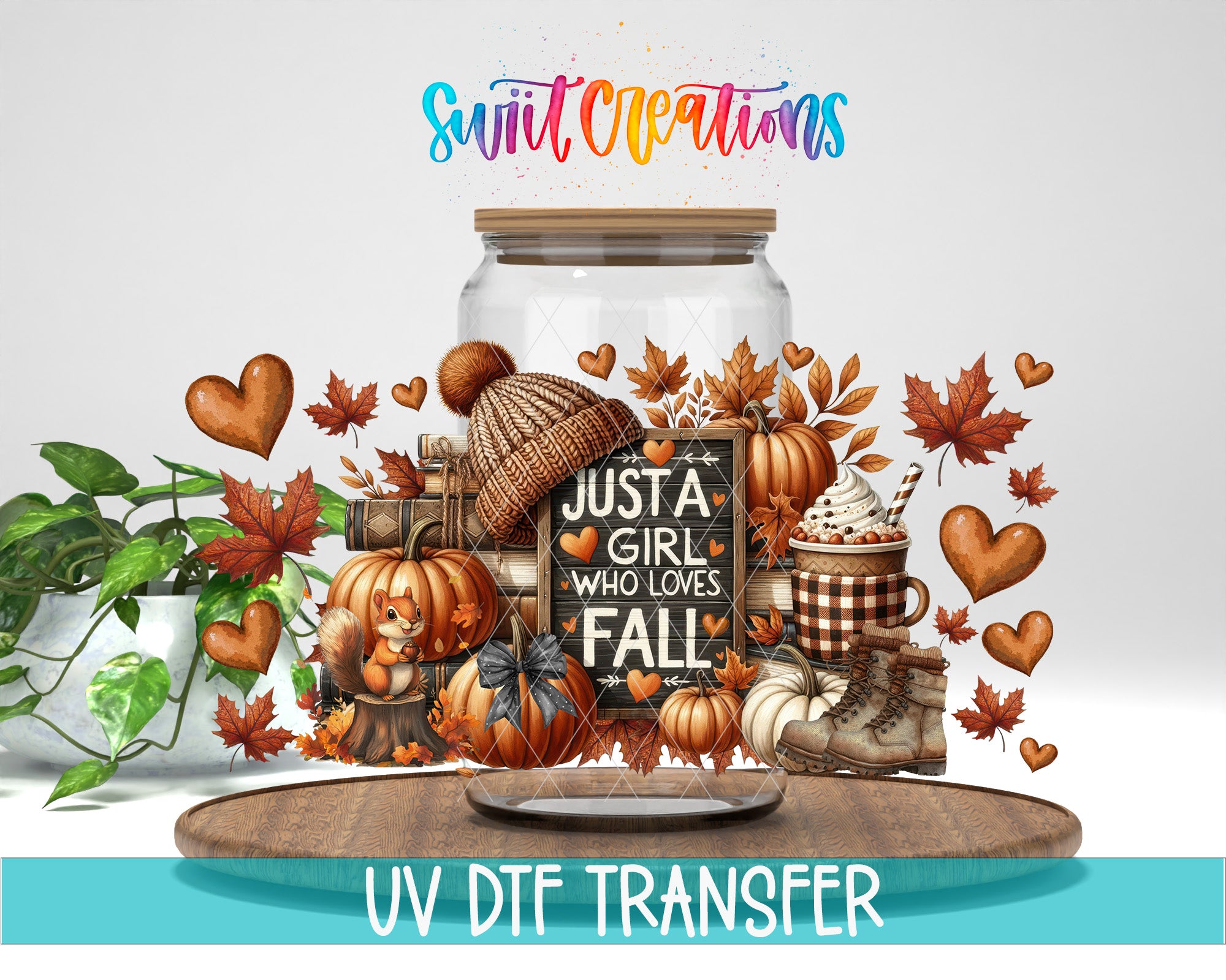 The image is a colorful and whimsical collage featuring various autumn-themed items such as pumpkins, leaves, a mug, and a sign that says "Just a girl who loves fall". The collage is surrounded by a wooden board, and there is text at the bottom that says "UV DFT Transfer".