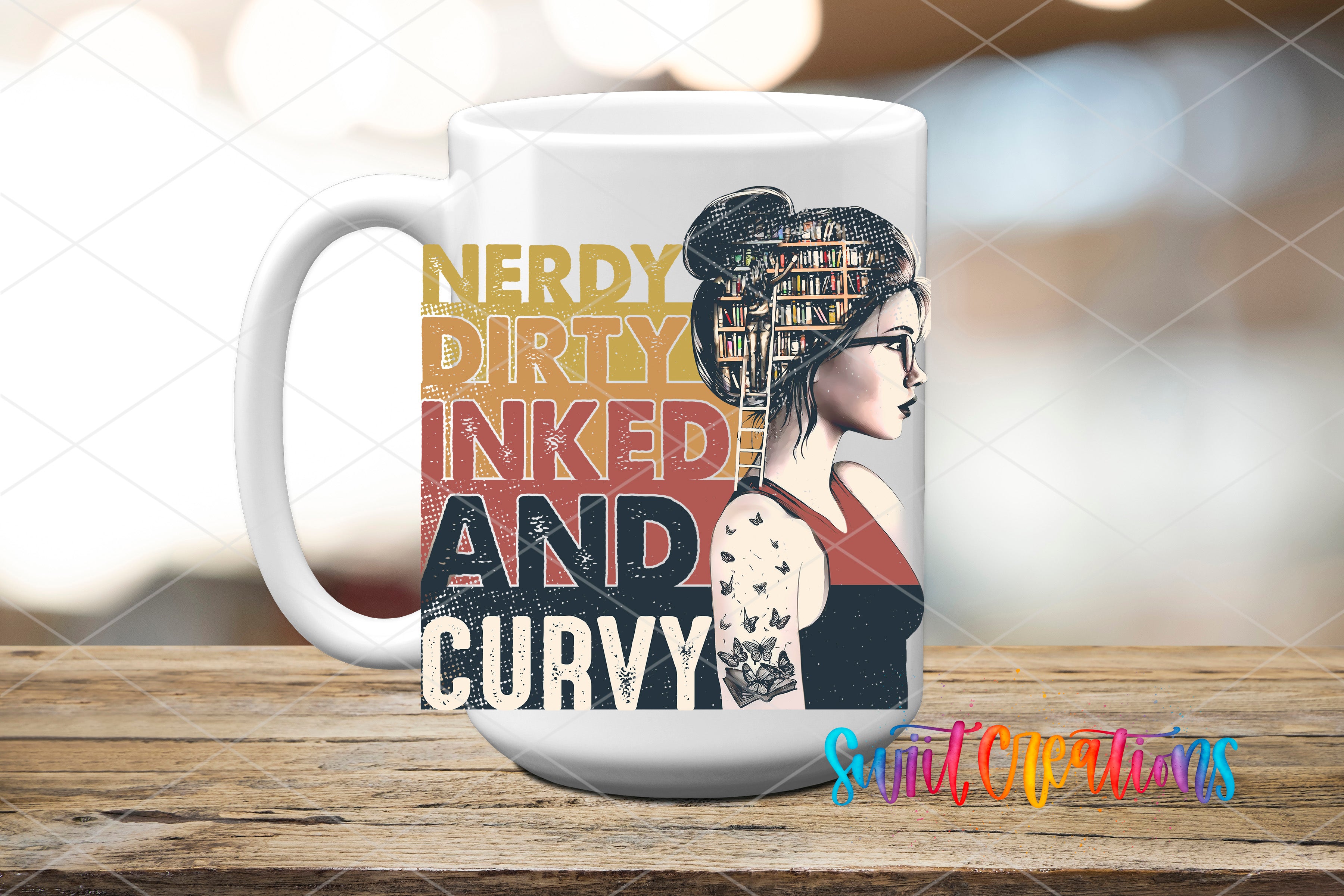 A white mug with a colorful graphic design featuring a woman's profile and text that reads "Nerd, Dirty, Inked, and Curvy".