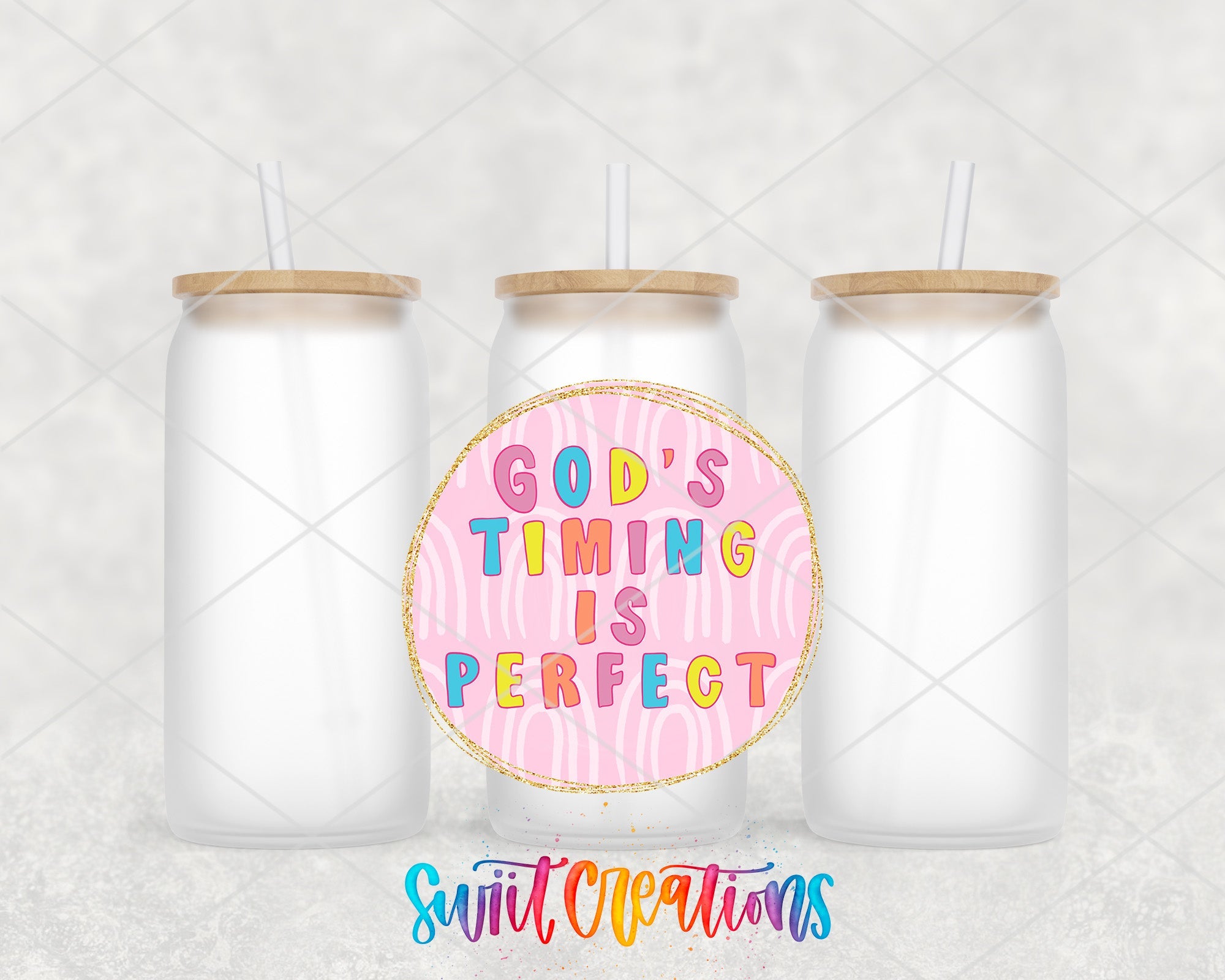 three white mason jars with straw tops and a pink label that says god's