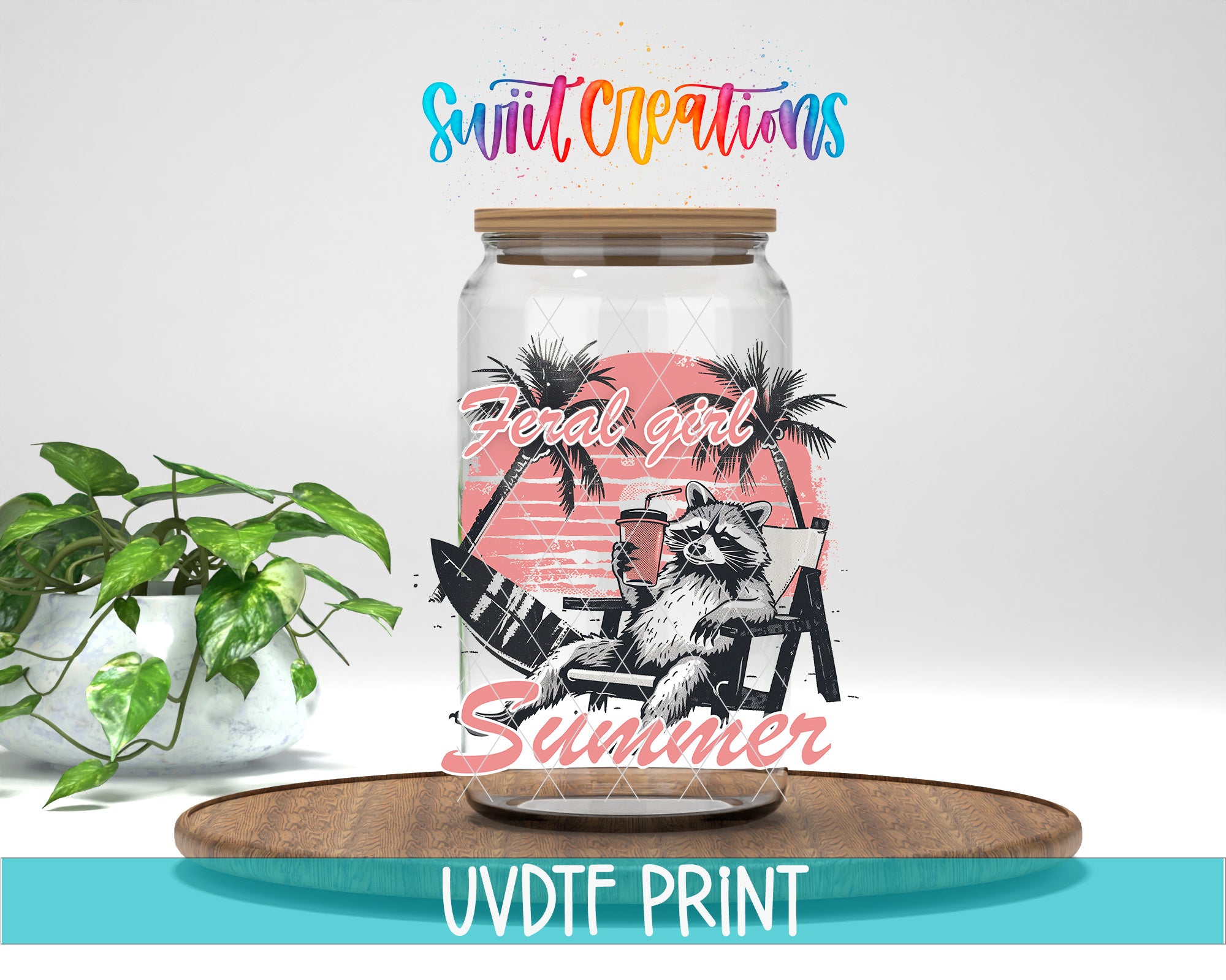 a glass jar with a raccoon sitting on a beach chair, holding a surfboard, and surrounded by palm trees. The jar is placed on a wooden tray, and there is a potted plant in the background.