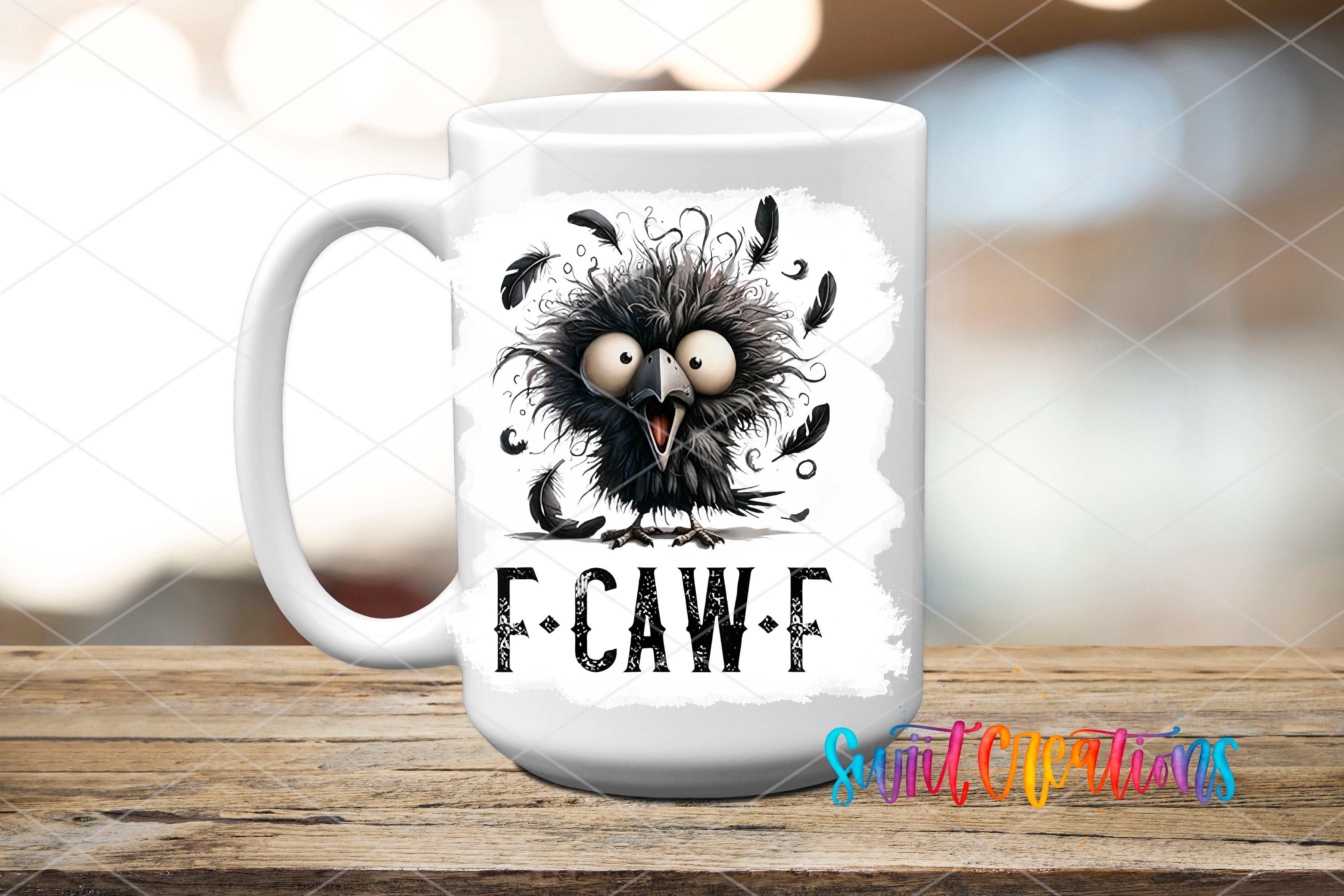 A white mug with a cartoon image of a bird with a comical expression and the text "F-CAW-F" printed on it.