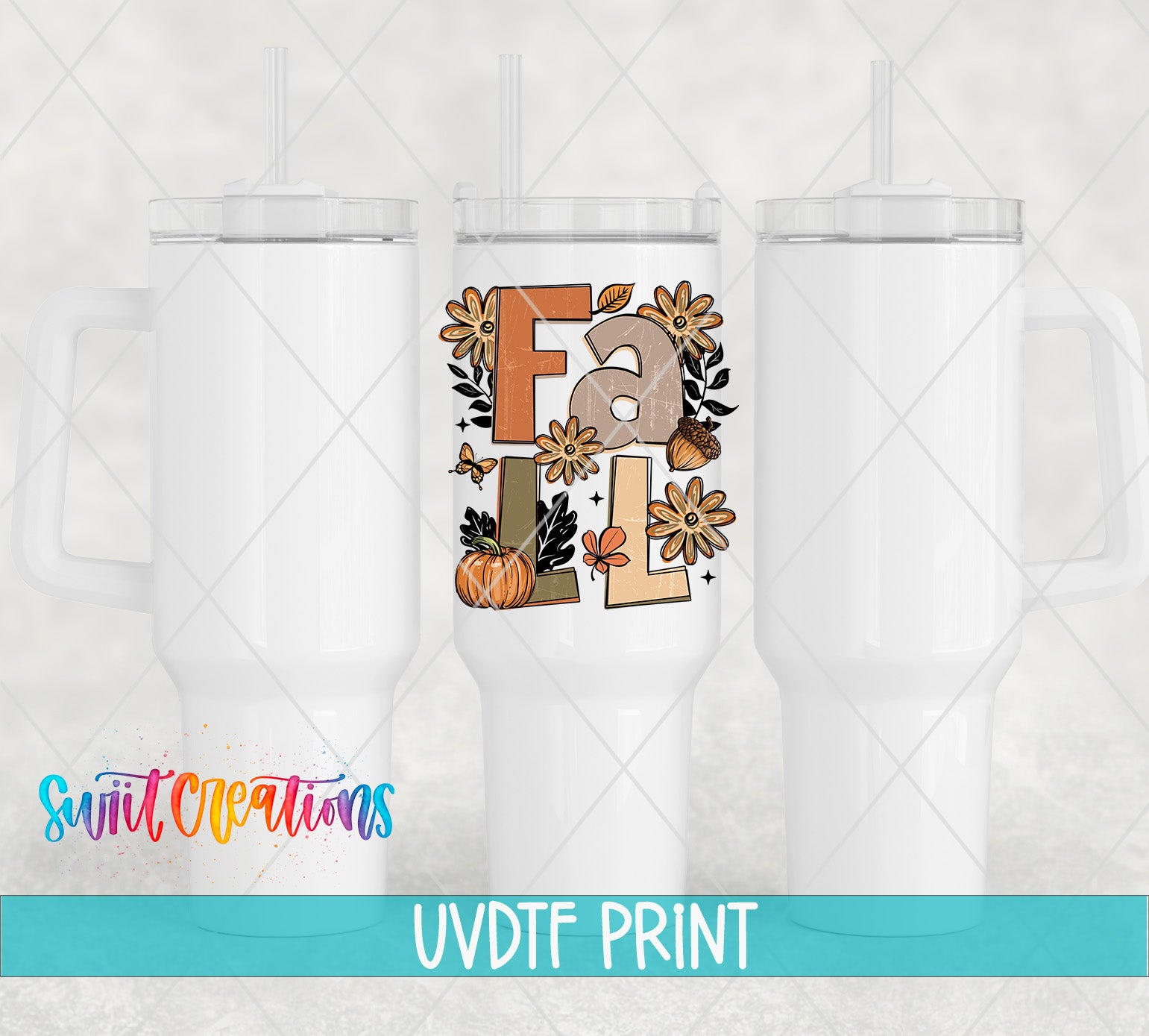 three white tumblers with a colorful fall-themed design on the front.