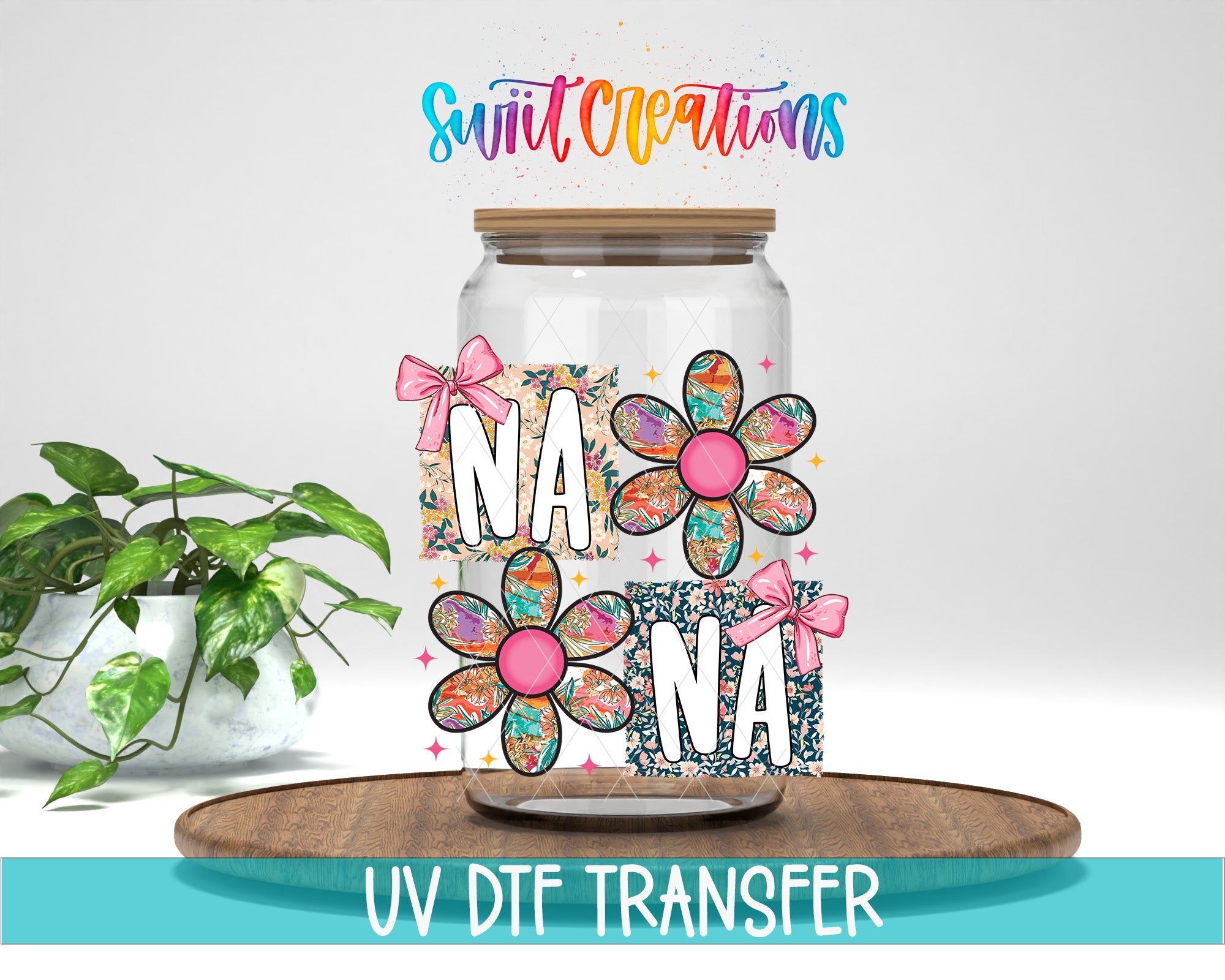 a glass jar with a floral design and the text "NA NA" printed on it, placed on a wooden surface.