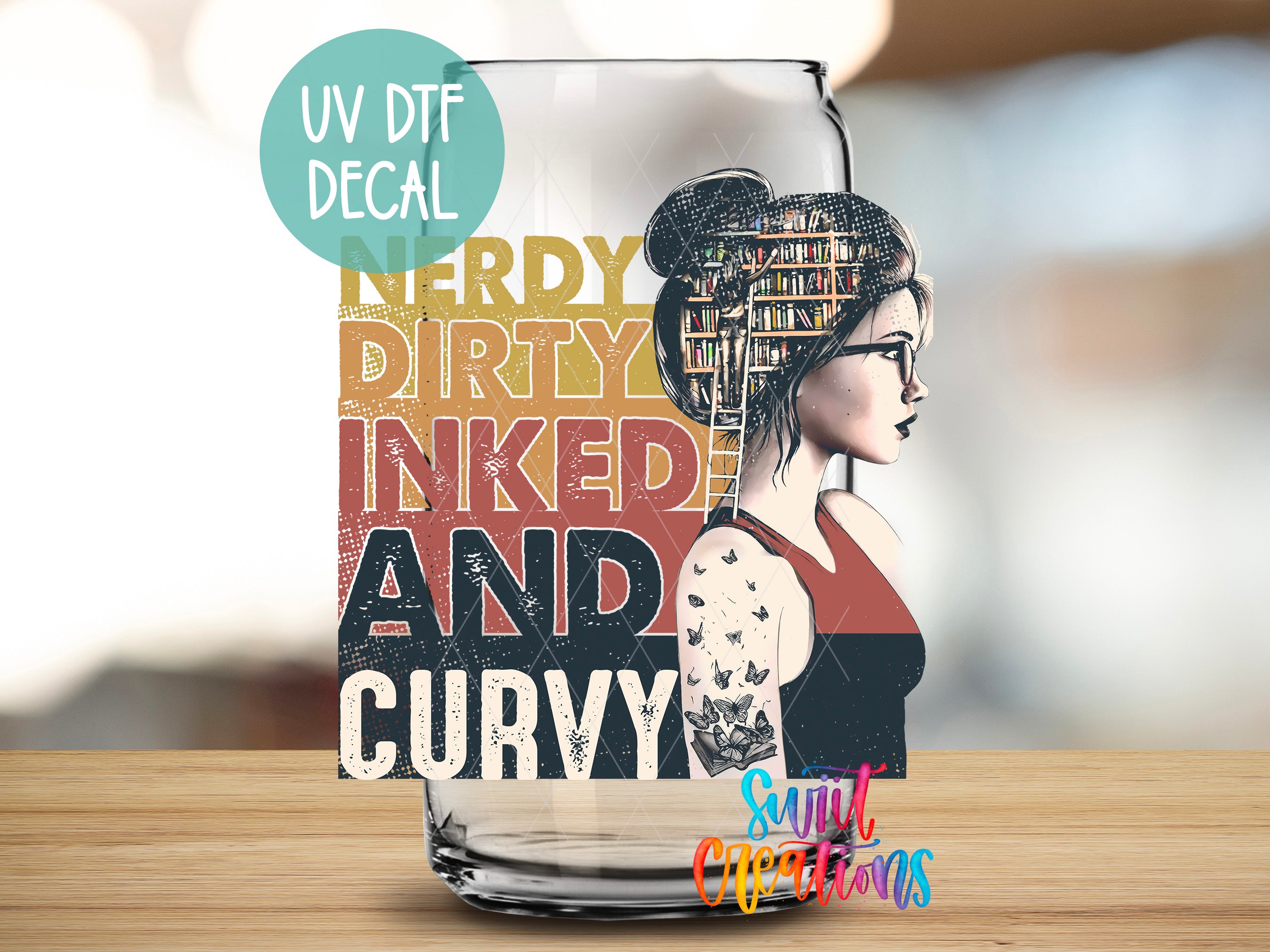 a glass with a picture of a woman on it