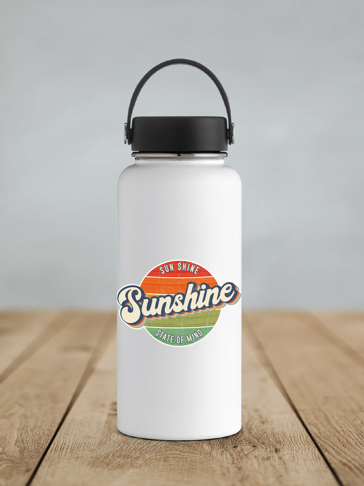 Sunshine State of Mind sticker on a white insulated water bottle