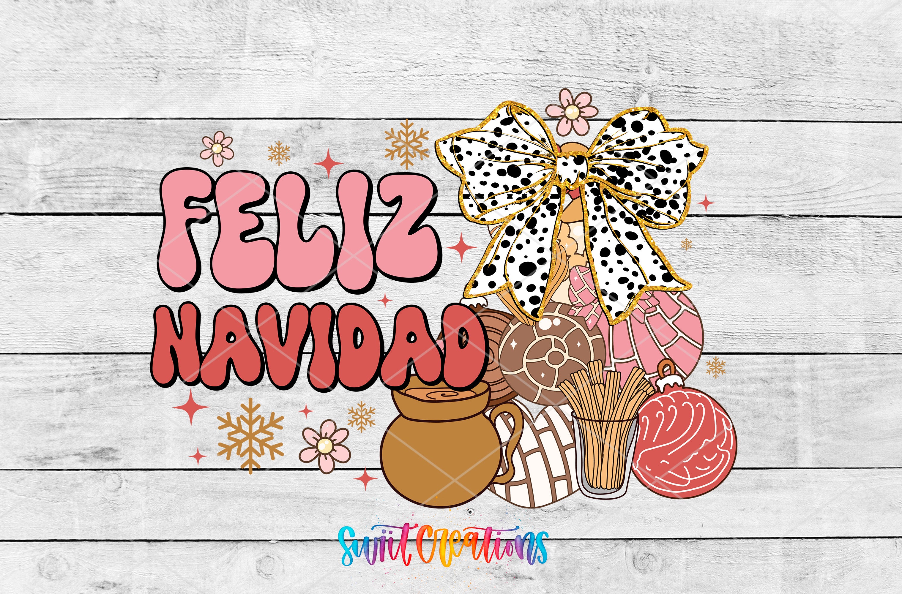 The image is a colorful illustration featuring a festive scene with a large bow, various ornaments, and a snowflake pattern. The text "Feliz Navidad" is prominently displayed, which translates to "Happy New Year" in Spanish.