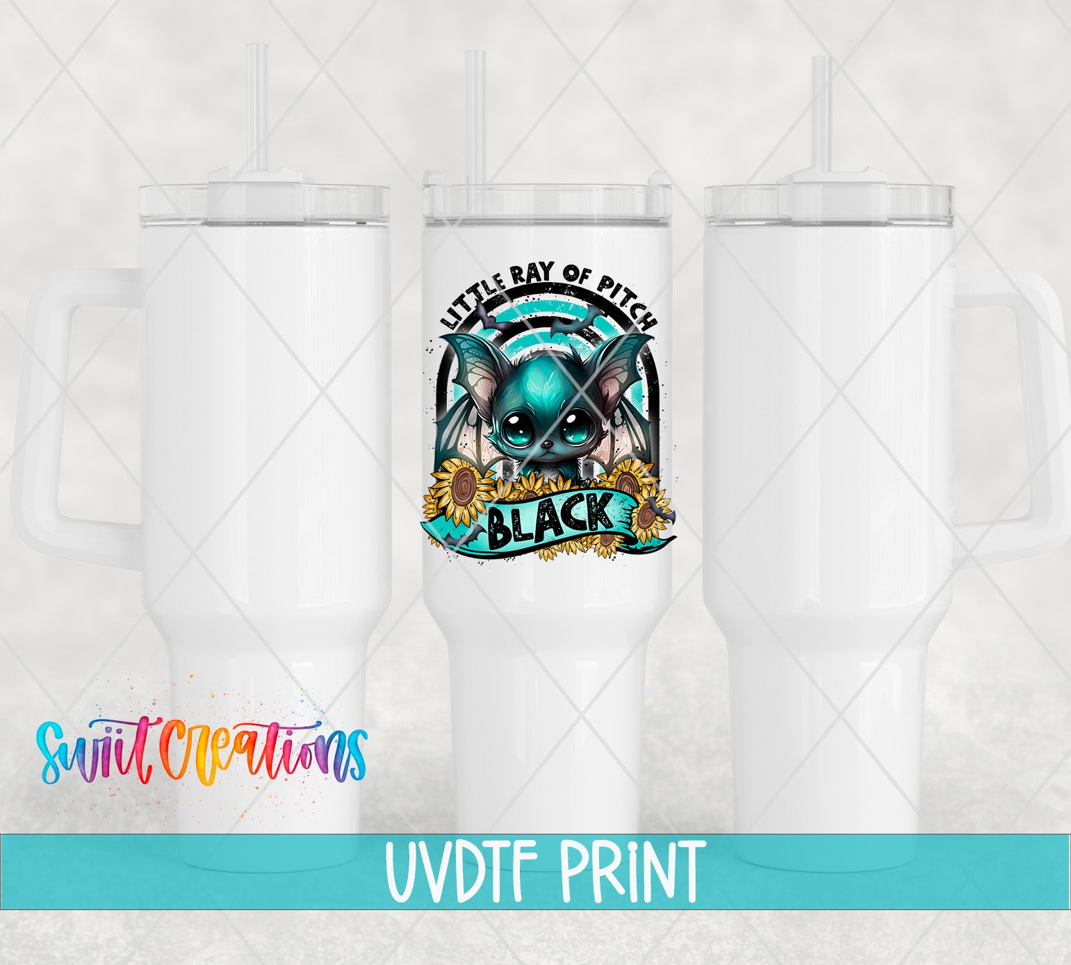 a white tumbler with a colorful graphic design on it, including a bat, sunflowers, and the text "Little Bay of Pitch" and "Black".