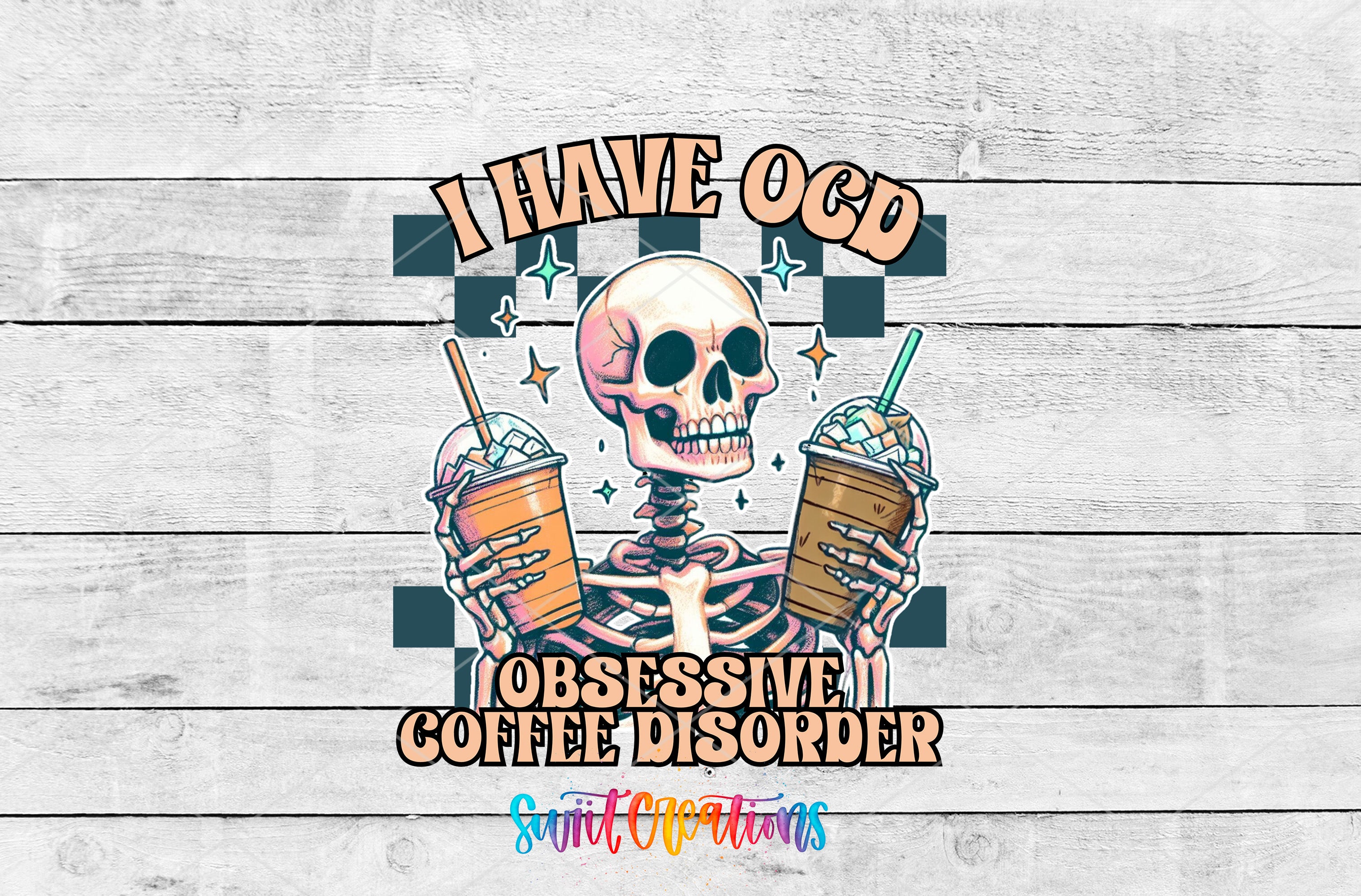 a skeleton holding two cups of coffee