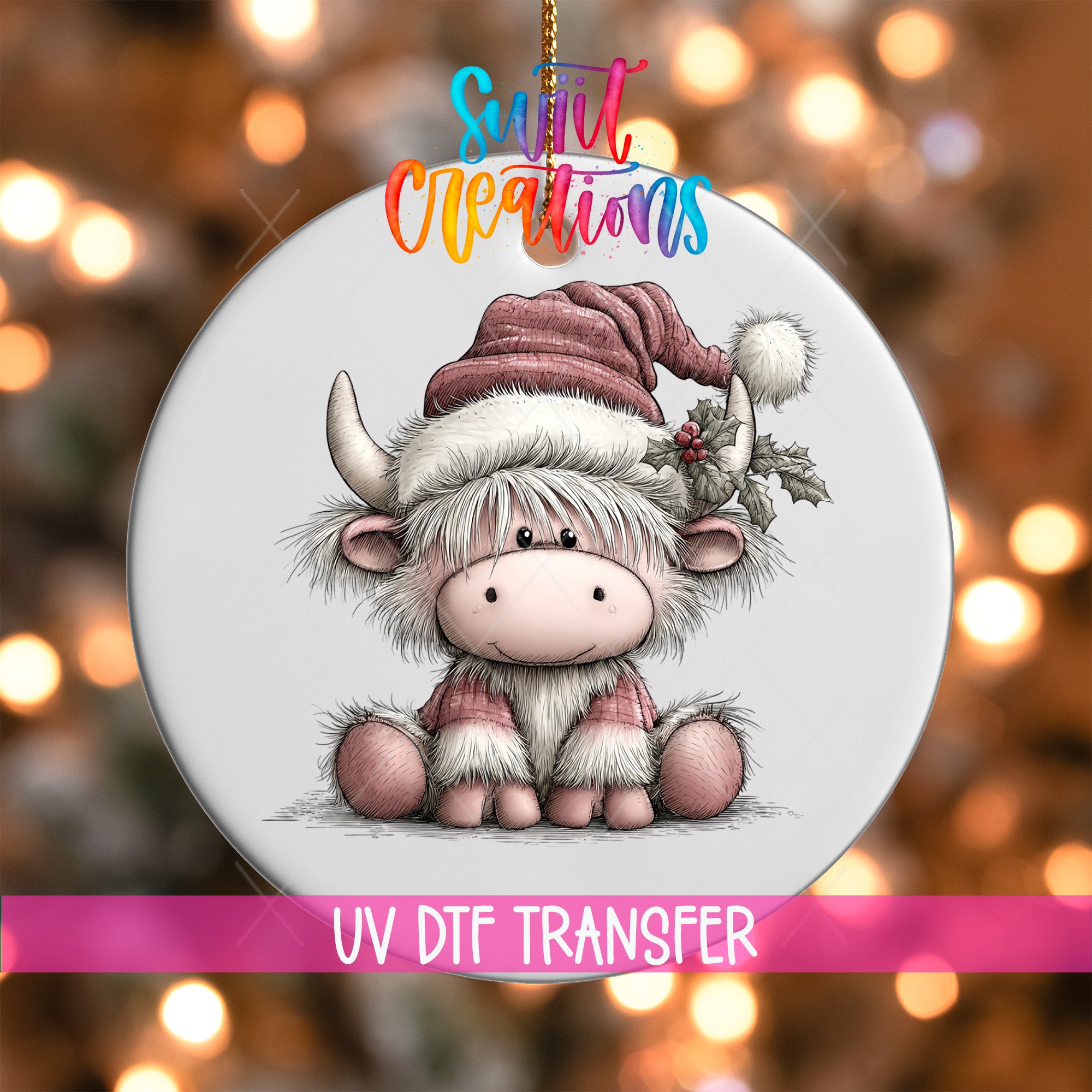 A white ornament with a cartoon cow wearing a Santa hat and scarf, sitting on the ground.